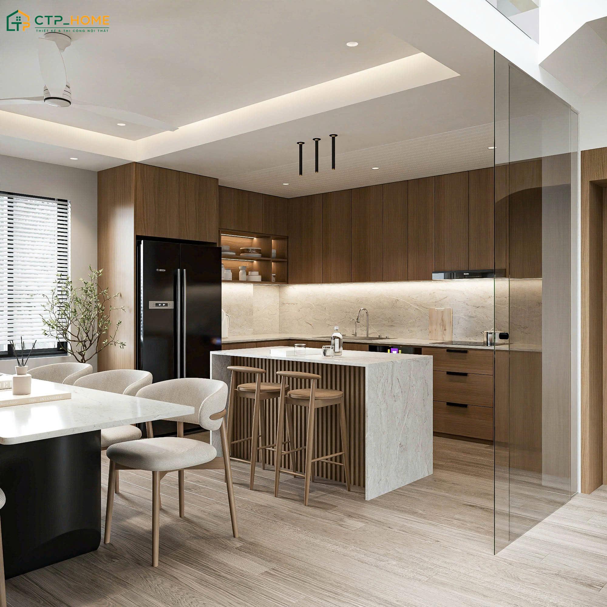 Bàn ăn mặt đá kết hợp cùng nội thất cao cấp giúp tạo điểm nhấn tinh tế cho khu vực phòng ăn