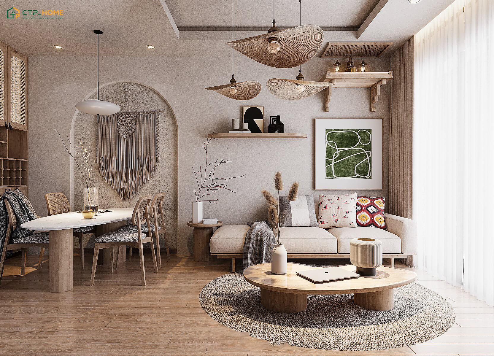 Nội thất phòng khách Bắc Âu sẽ được làm từ những chất liệu quen thuộc như gỗ, vải và đá