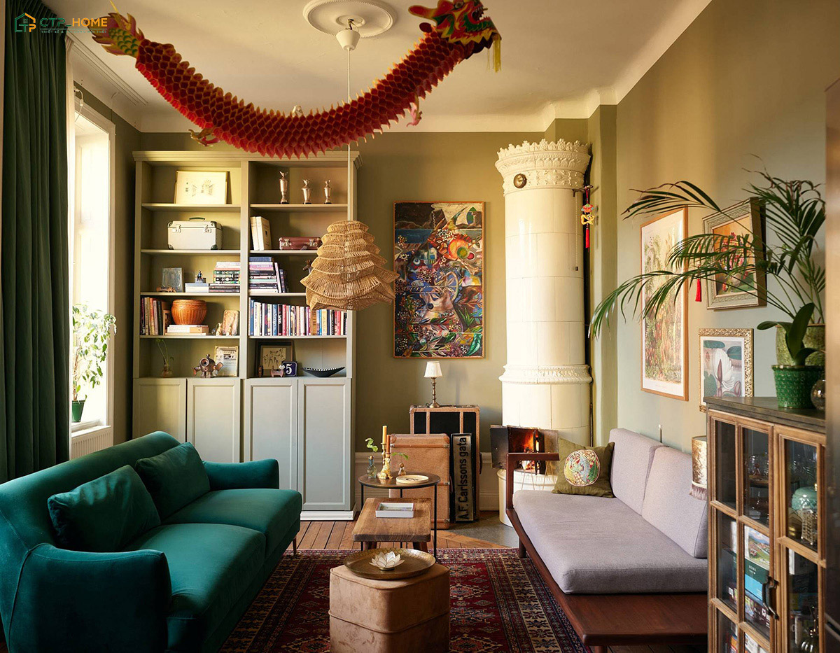 Mẫu trang trí phòng khách nhà nhỏ Vintage sẽ tiết chế số lượng các đồ decor để đảm bảo sự cân đối