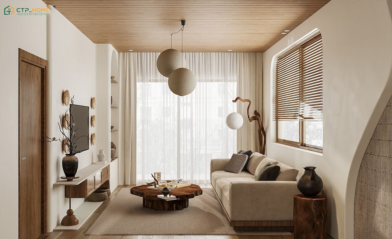 Mẫu dự án thiết kế nội thất phòng khách nhỏ 7m2 theo phong cách Japandi do CTP Home thực hiện