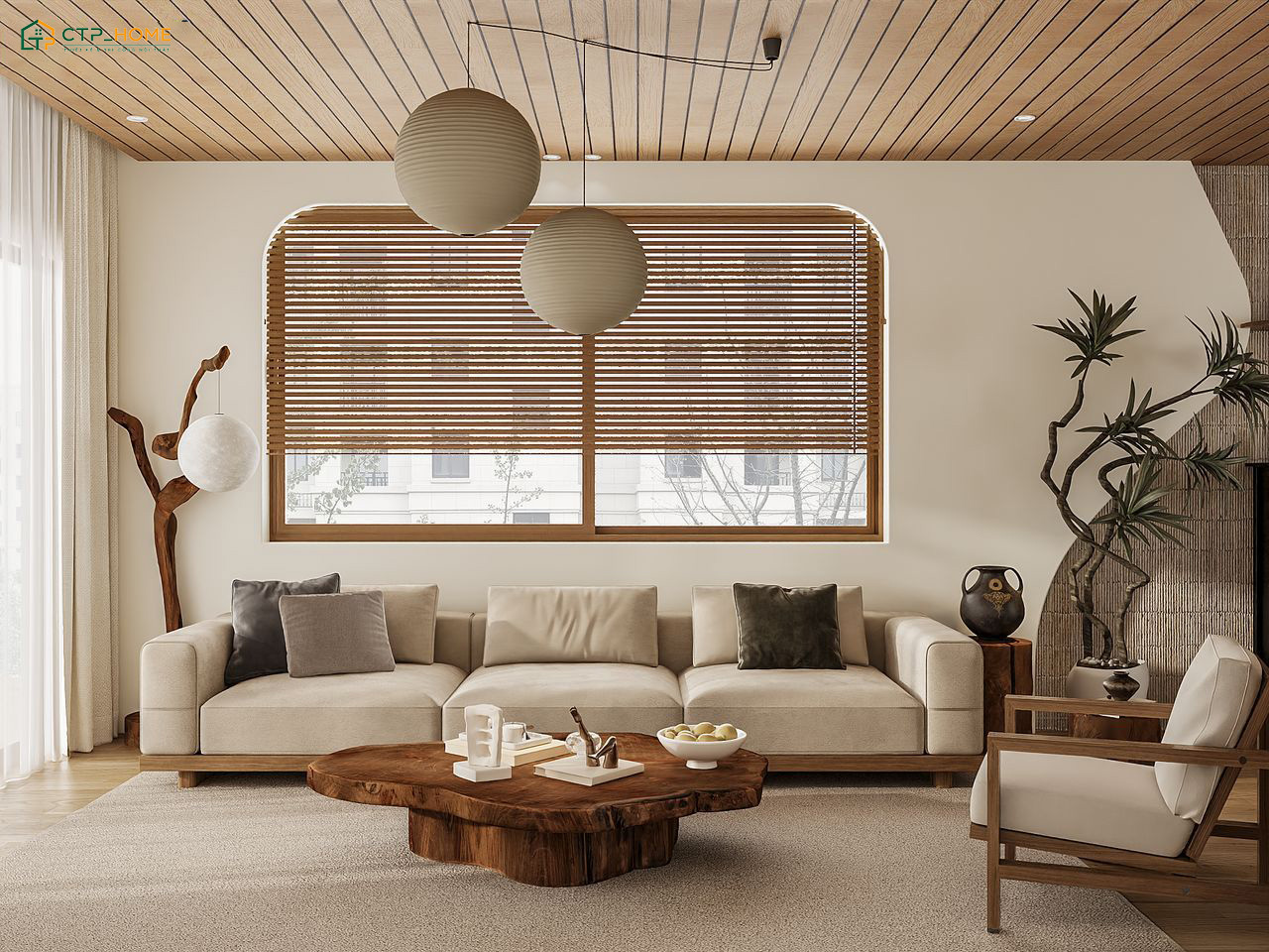 Decor phòng khách nhỏ đẹp theo phong cách Japandi sẽ sử dụng sofa dáng thấp và bàn trà gỗ