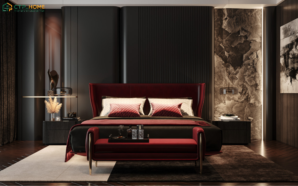 Mẫu decor phòng ngủ Master sang trọng nổi bật với các đường nét trang trí tinh xảo và bố cục hài hòa