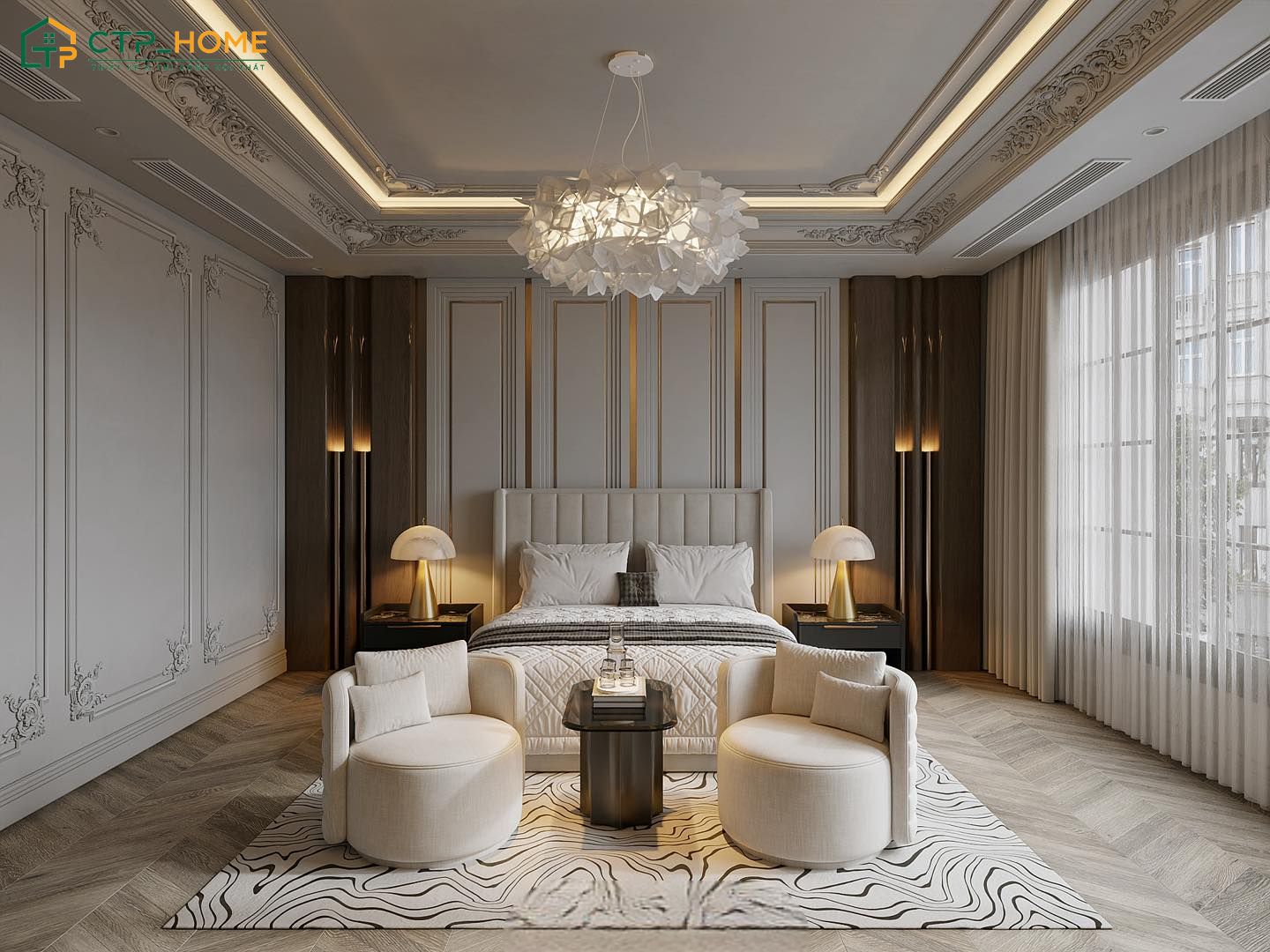 Mẫu thiết kế phòng ngủ Master tân cổ điển nổi bật với đồ nội thất cao cấp và các chi tiết trang trí mềm mại
