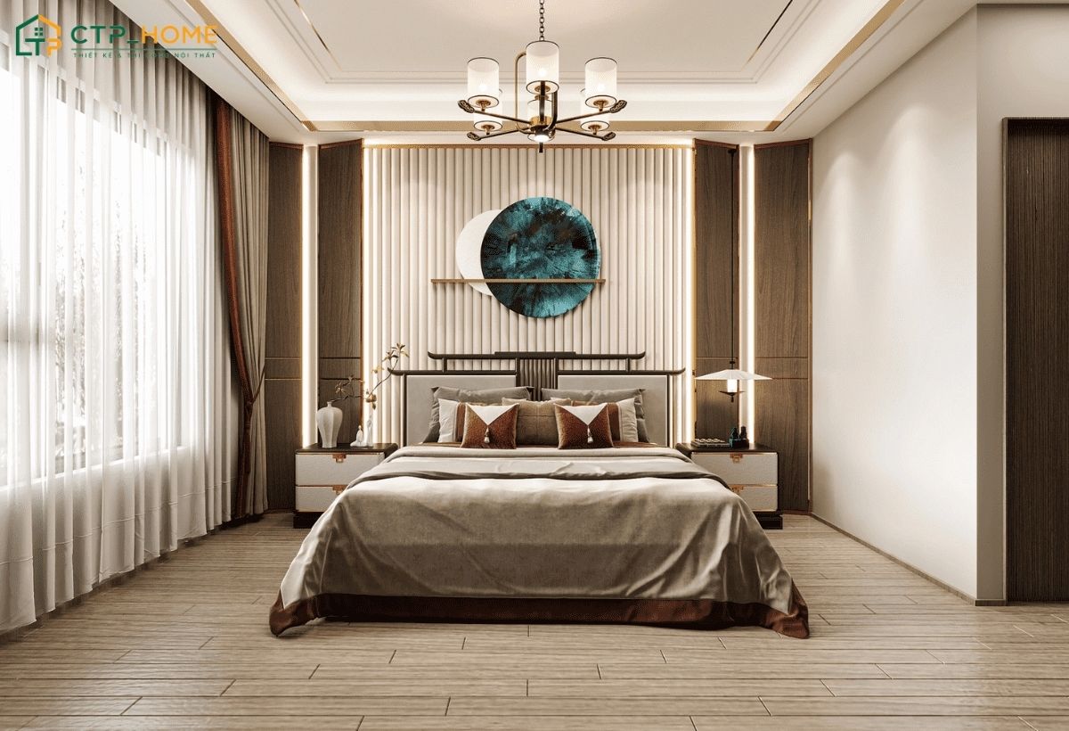 Mẫu phòng ngủ Master đẹp phong cách tân cổ điển gây ấn tượng bởi những đường nét phào chỉ tinh tế