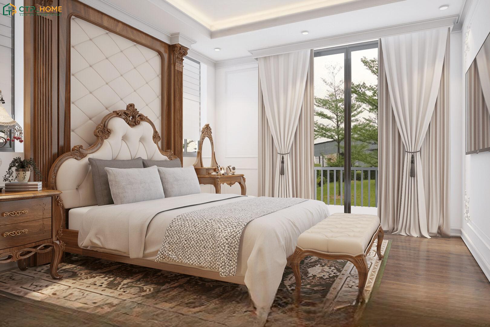 Mẫu thiết kế phòng ngủ Master cổ điển nổi bật với đồ nội thất gỗ tự nhiên được chạm khắc tinh xảo