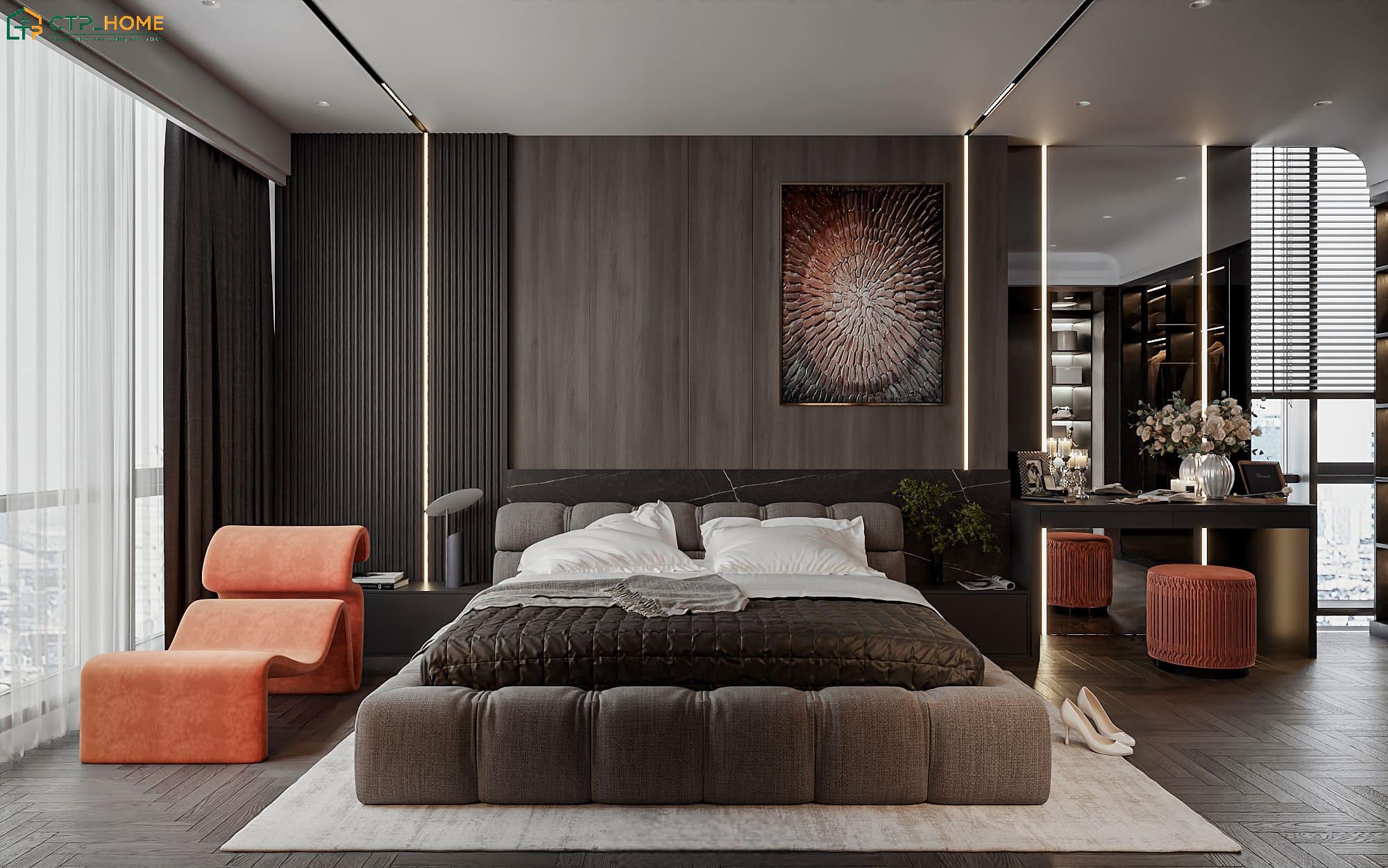 Mẫu decor phòng ngủ Master hiện đại cho căn hộ chung cư nổi bật với hệ cửa kính lớn