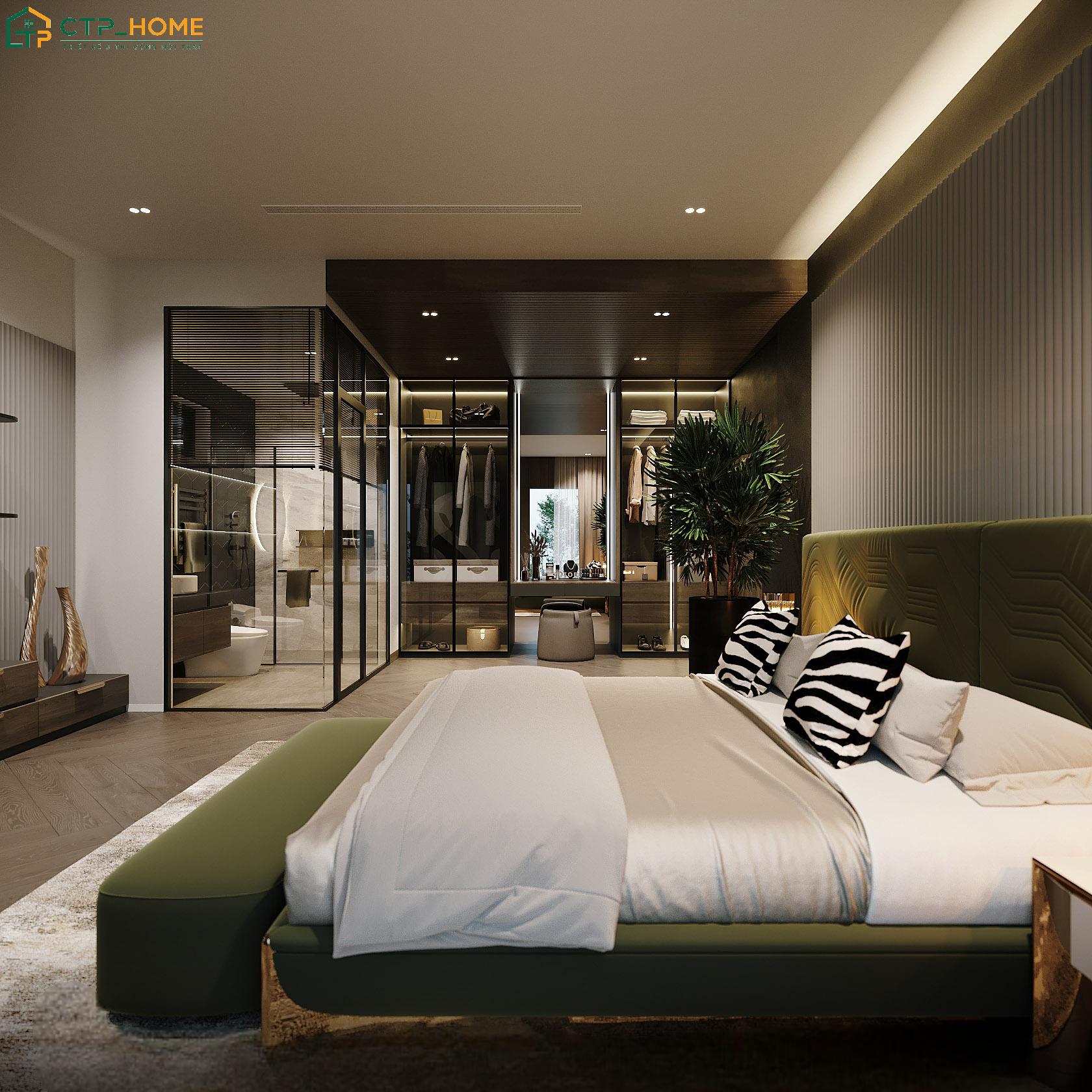 Mẫu phòng ngủ Master đẹp sang trọng với vách kính giúp mang đến cảm giác rộng rãi và thông thoáng hơn