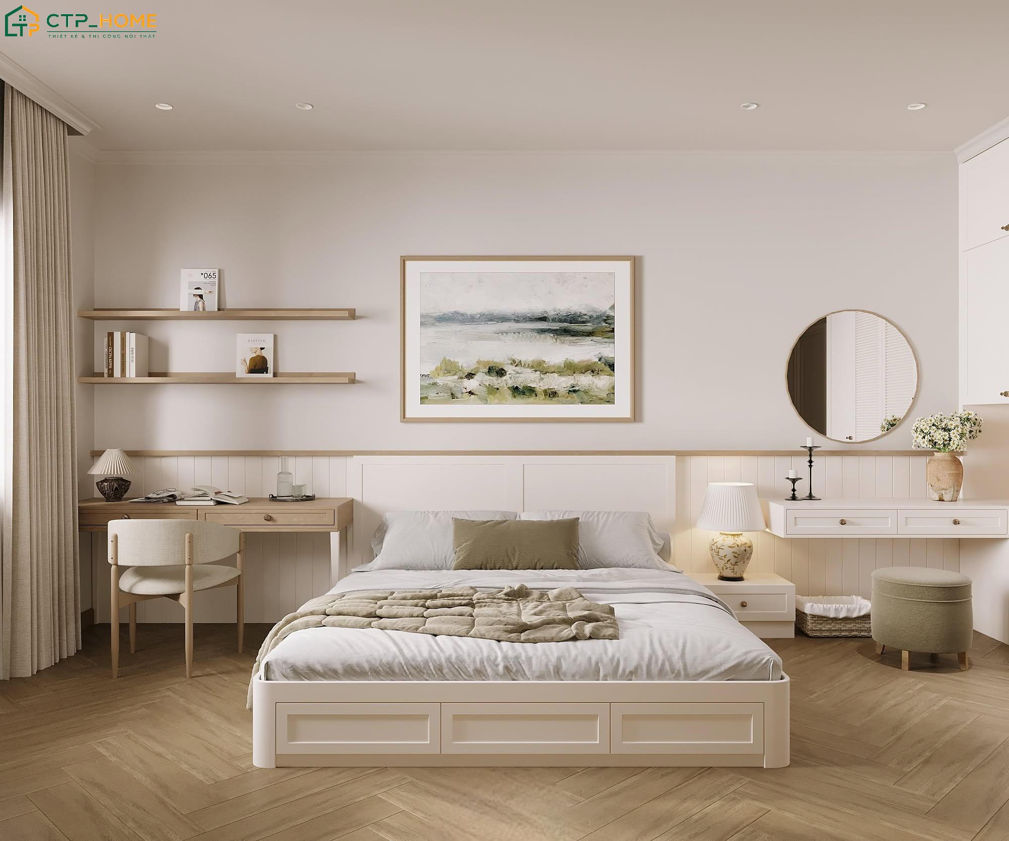 Mẫu phòng ngủ Master với góc làm việc nhỏ gọn được bố trí cạnh cửa sổ giúp tận dụng tối đa ánh sáng tự nhiên