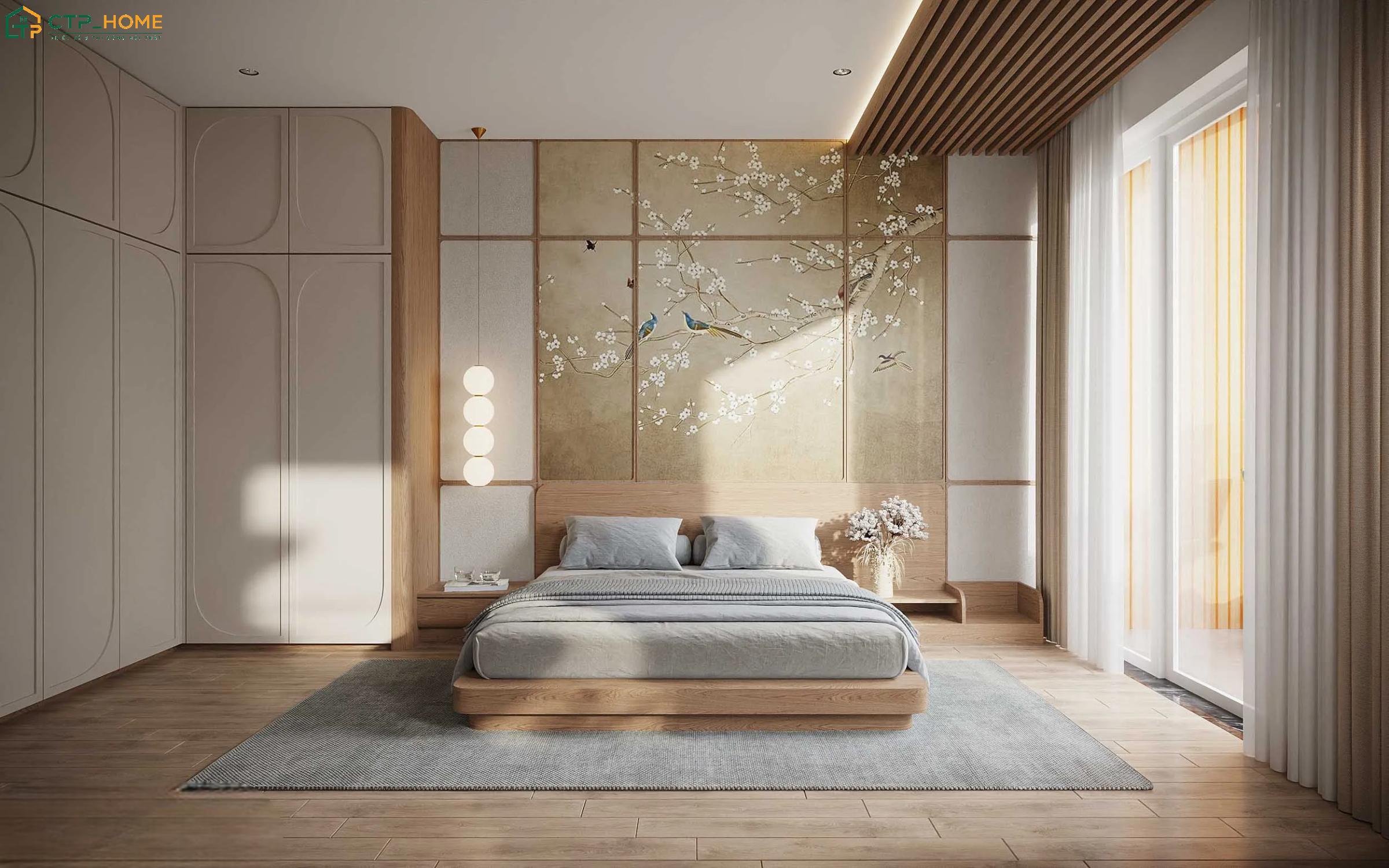 Mẫu phòng ngủ Master tối giản với giường ngủ thấp nhỏ gọn kết hợp đèn hắt trần để tạo điểm nhấn tinh tế