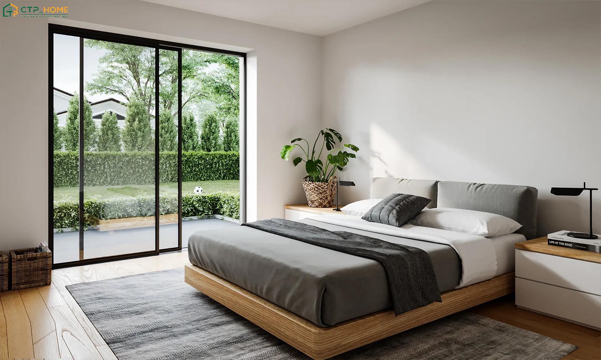 Mẫu decor phòng ngủ Master đẹp với hệ cửa kính lớn giúp tận dụng tối đa nguồn ánh sáng tự nhiên