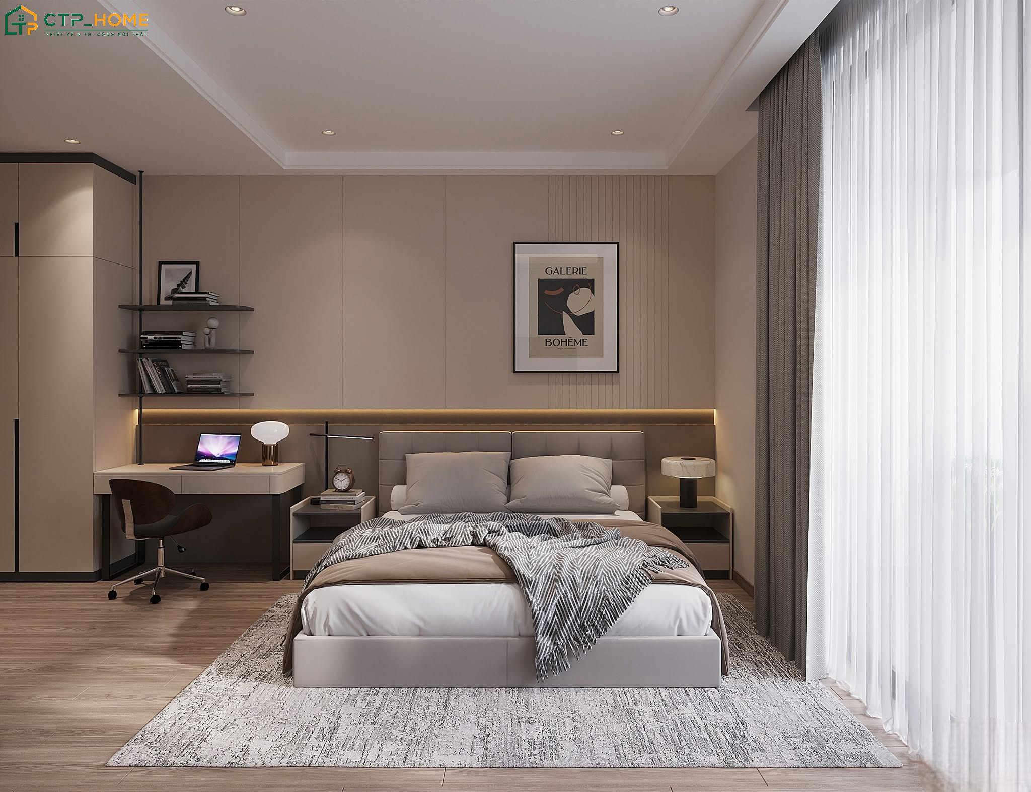 Mẫu phòng ngủ Master đẹp 30m2 thường sẽ bố trí thêm nhiều tiện ích như góc làm việc hay phòng thay đồ
