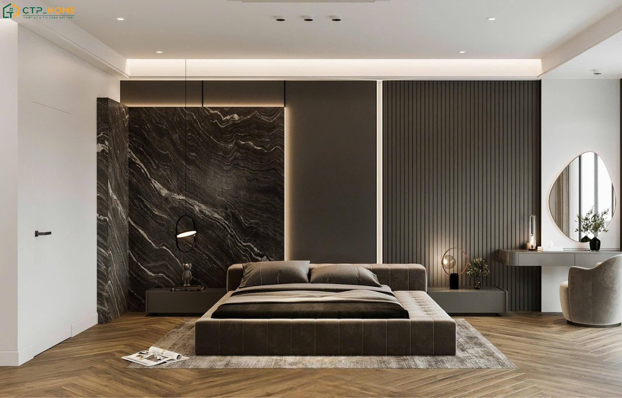 Mẫu thiết kế phòng ngủ Master hiện đại diện tích 35m2 nổi bật với bảng màu trầm và nội thất cao cấp