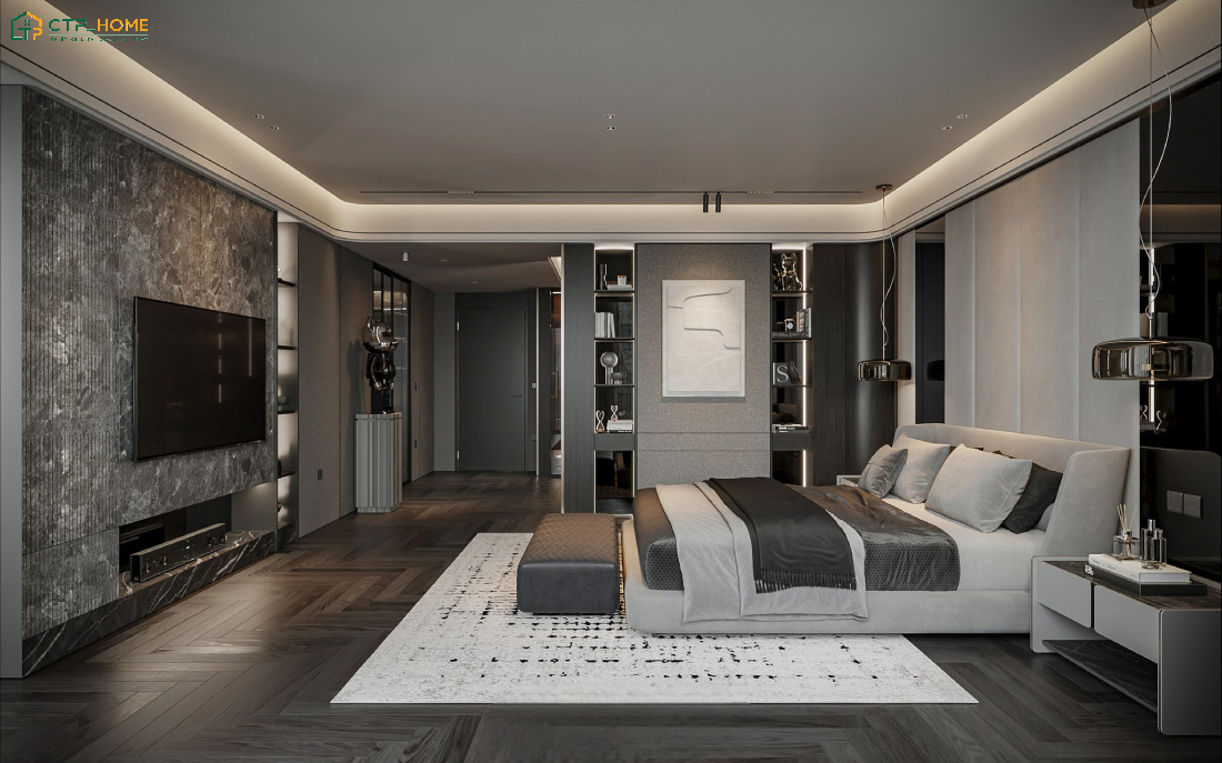 Mẫu thiết kế phòng ngủ Master 40m2 với nhiều tiện ích khác nhau giúp đáp ứng tối đa nhu cầu sử dụng của gia chủ