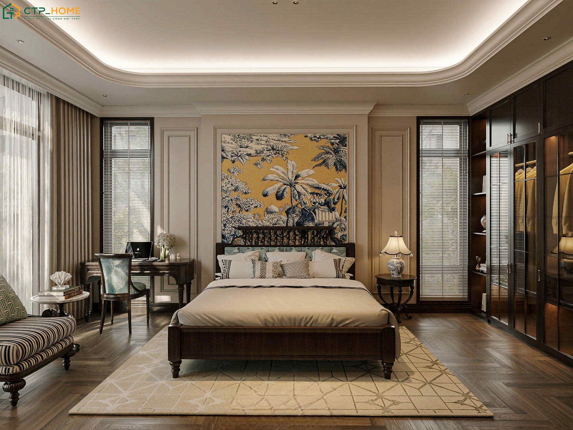 Mẫu dự án thiết kế phòng ngủ Master phong cách Indochine của chị Hương tại Quận Tân Phú, TP Hồ Chí Minh