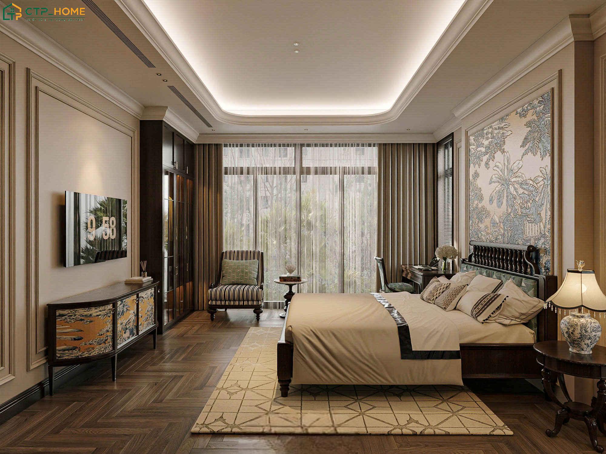 Bố cục đối xứng kết hợp với tranh nghệ thuật khổ lớn giúp tạo điểm nhấn sang trọng cho không gian