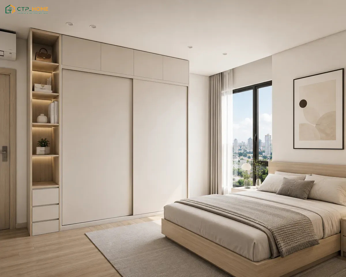 Giường King Size được đặt ở trung tâm phòng ngủ hẹp giúp cho việc bố trí nội thất trở nên dễ dàng hơn