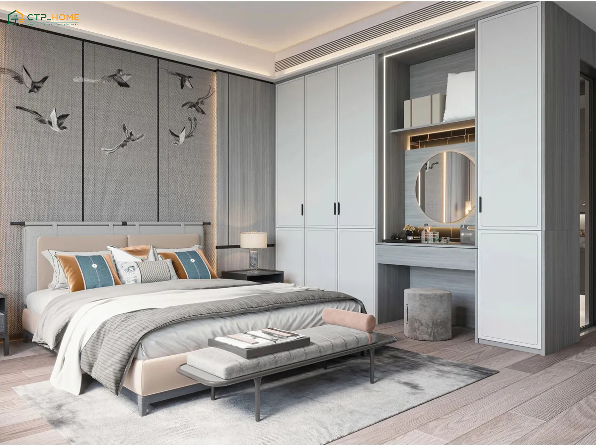 Mẫu phòng ngủ đẹp nhỏ gọn từ 10m2 đến 15m2 được bố trí khoa học với bàn trang điểm tiện nghi