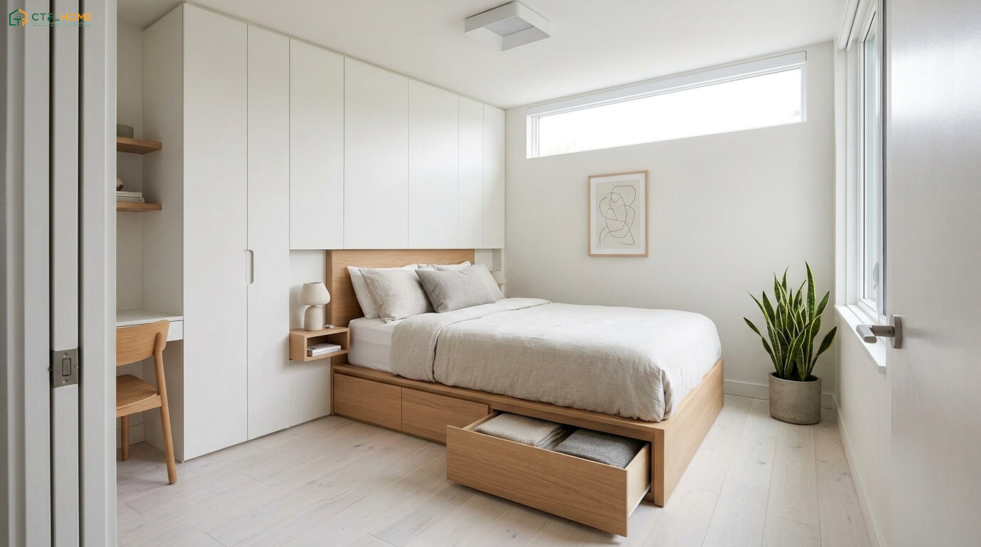 Mẫu thiết kế phòng ngủ diện tích nhỏ tối giản được nhiều gia chủ yêu thích khi có thể tiết kiệm tối đa diện tích