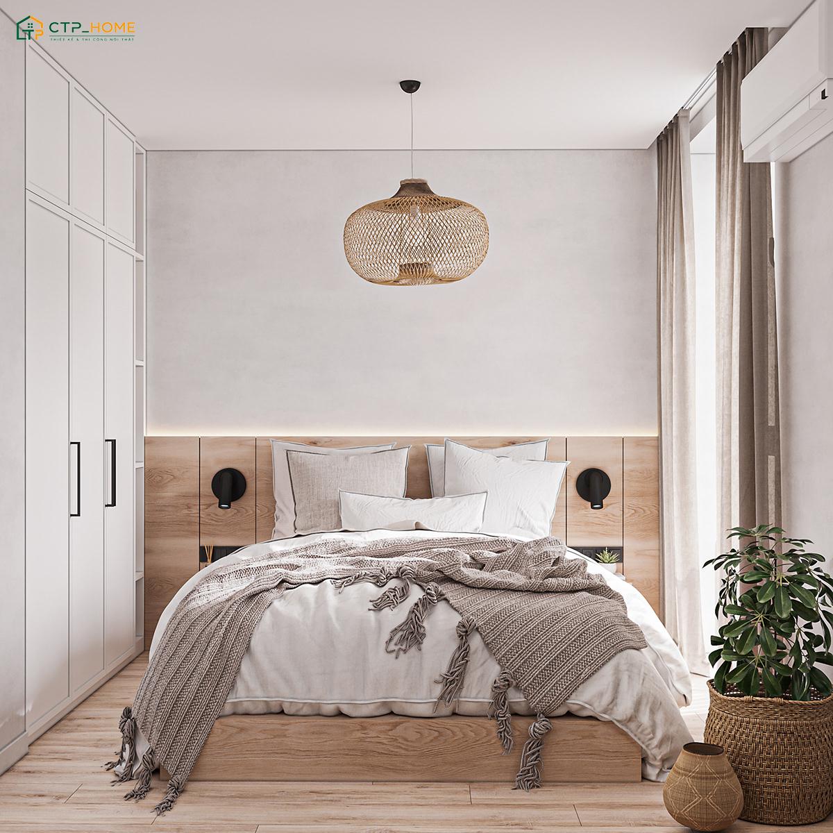 Nội thất phòng ngủ hẹp Scandinavian thường sẽ được làm từ gỗ sáng màu nên rất phù hợp với tone màu trắng kem