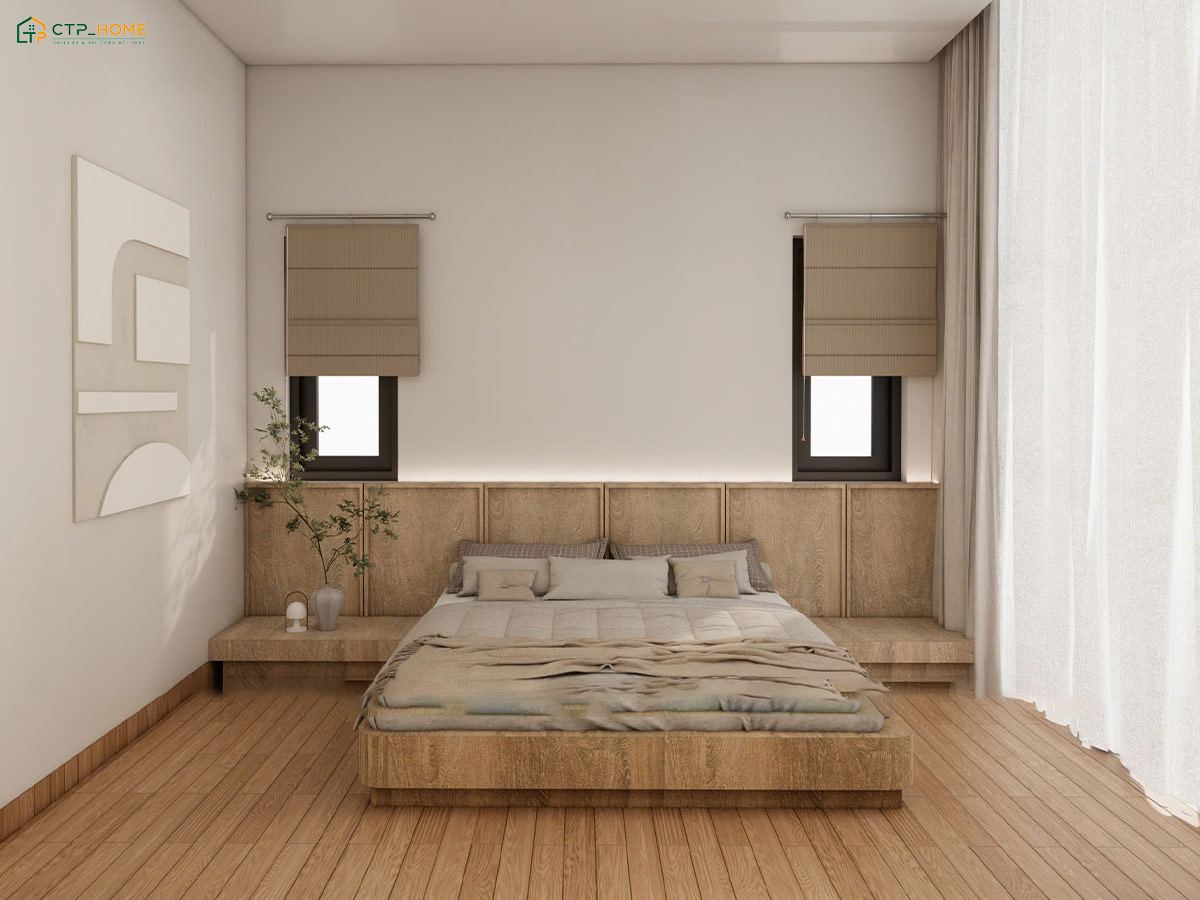 Bố trí phòng ngủ nhỏ phong cách Japandi với nội thất gỗ tự nhiên giúp tạo cảm giác cuốn hút hơn