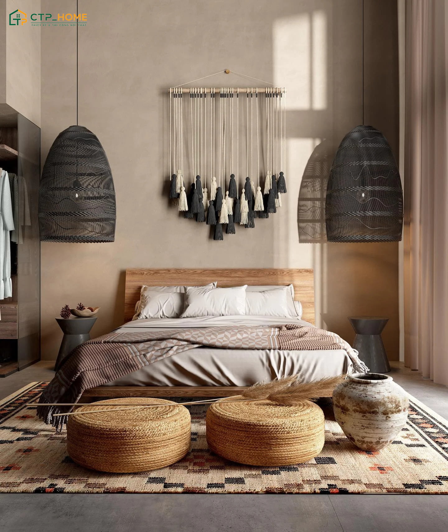 Mẫu thiết kế phòng ngủ nhỏ phong cách Wabi Sabi thu hút với vẻ đẹp mộc mạc nhưng vẫn rất tiện nghi