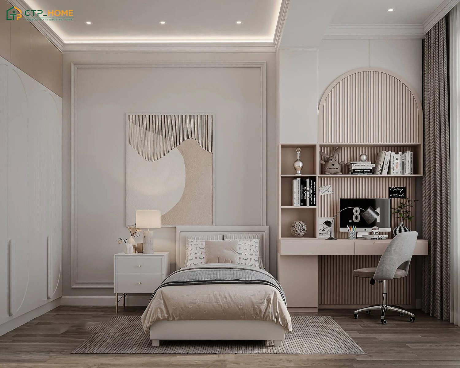 Khi setup phòng ngủ nhỏ cho nữ thì thường sẽ ưu tiên nội thất đơn giản, tích hợp nhiều ngăn chứa đồ