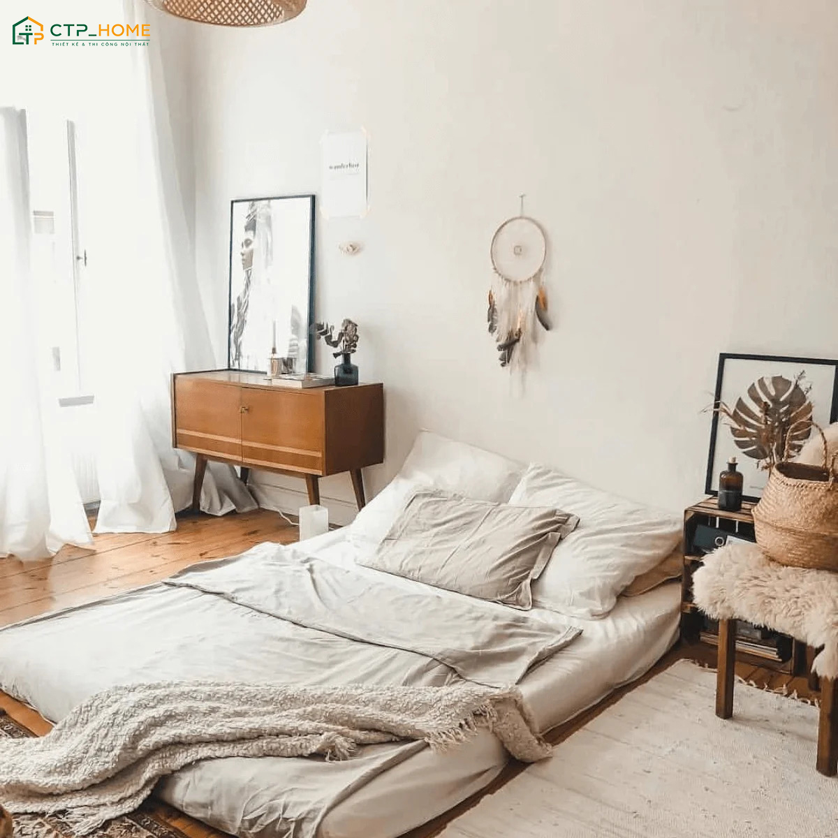 Mẫu phòng ngủ nhỏ đẹp không giường nổi bật với vẻ đẹp trẻ trung nên được nhiều bạn trẻ yêu thích
