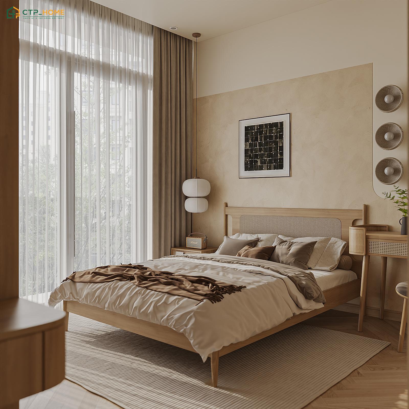 Mẫu dự án thiết kế nội thất phòng ngủ nhỏ đẹp phong cách Japandi tại TP HCM do CTP Home thực hiện