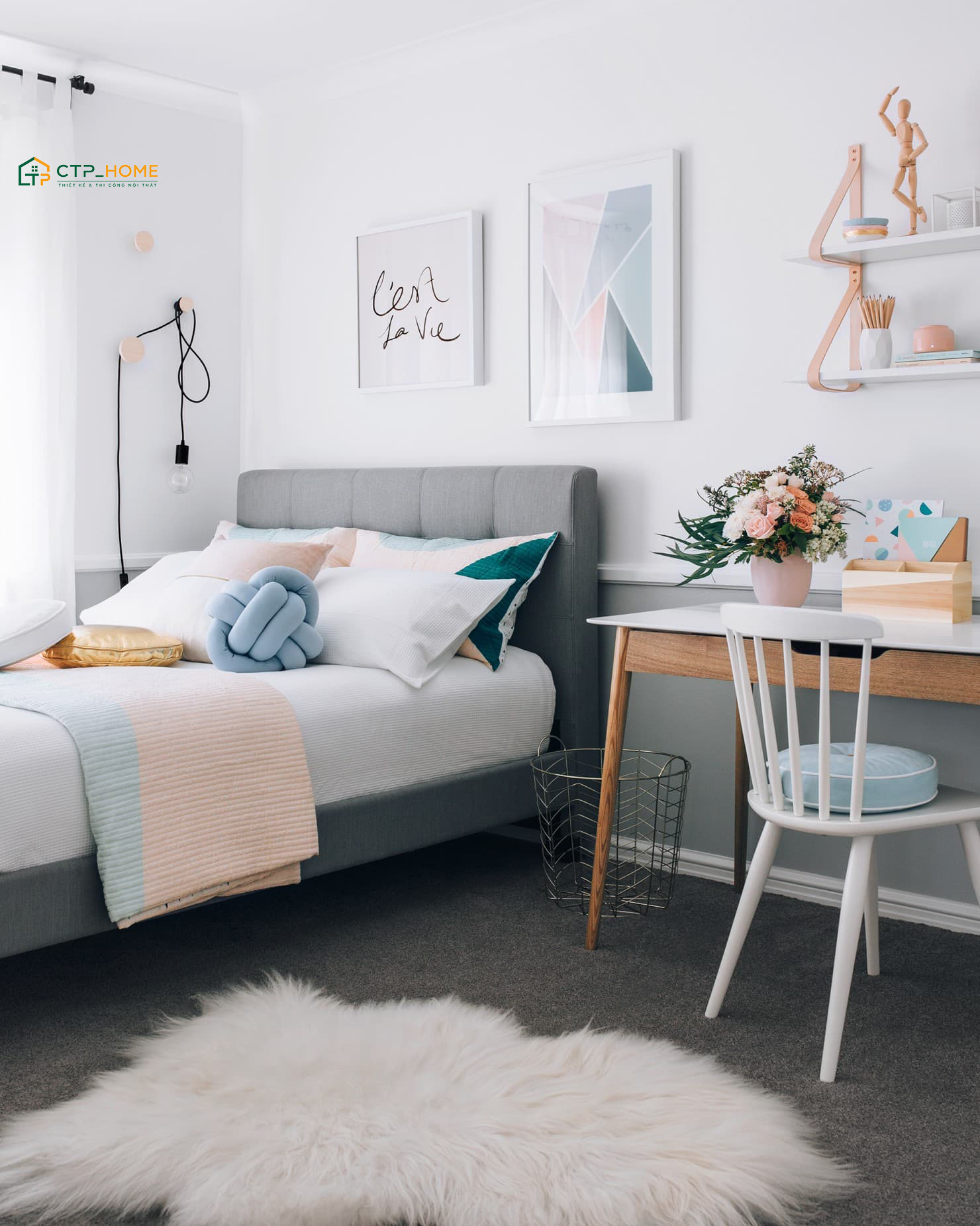 Set up phòng ngủ nhỏ đơn giản 2m2 đến 6m2 bằng tủ âm tường hoặc tủ kịch trần sẽ giúp gia tăng không gian lưu trữ