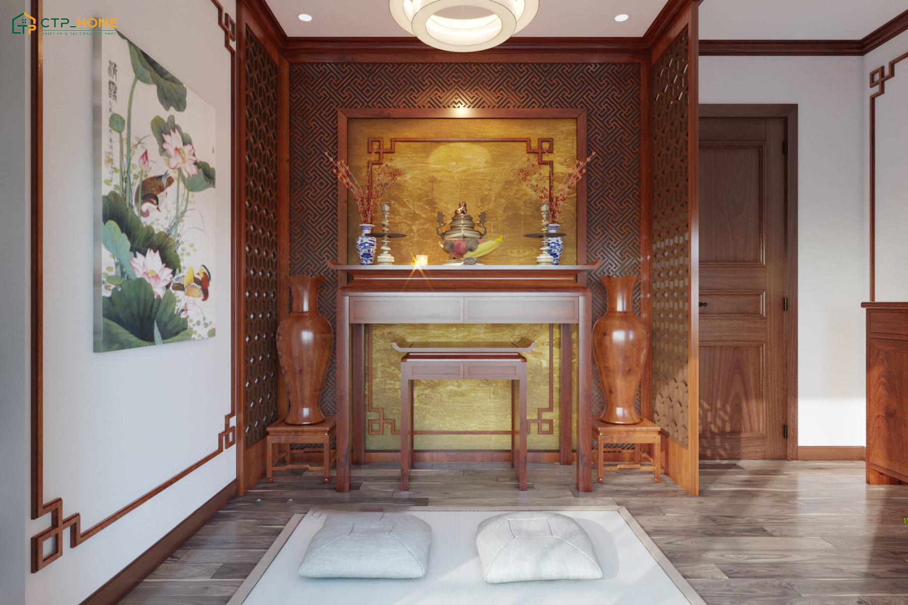 Bố trí hệ thống đèn LED âm trần giúp đem đến cảm giác ấm cúng và trang nghiêm cho phòng thờ hiện đại