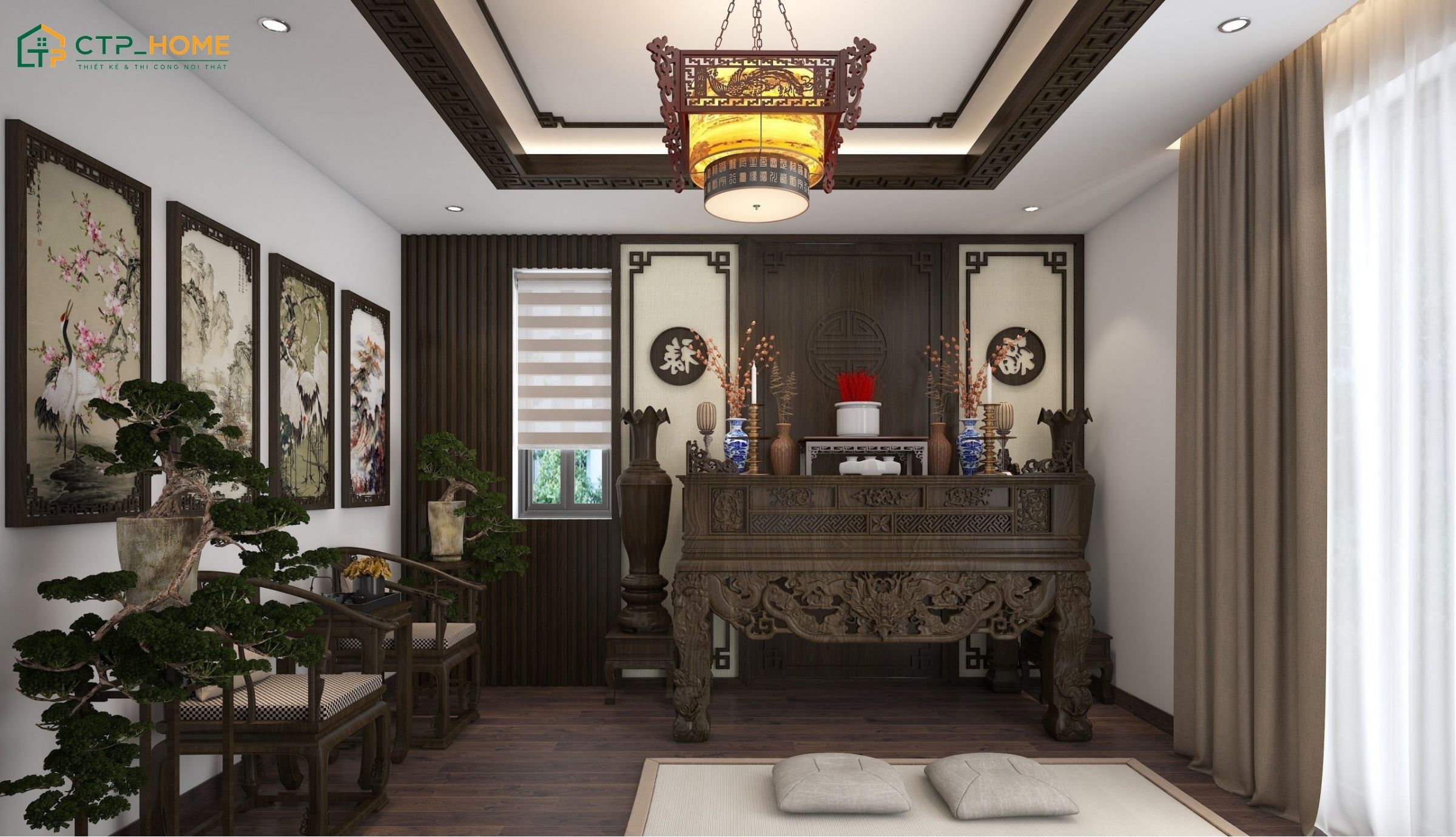 Mẫu thiết kế phòng thờ tân cổ điển tạo ấn tượng với những chi tiết chạm khắc tinh xảo cùng các hoa văn đặc trưng