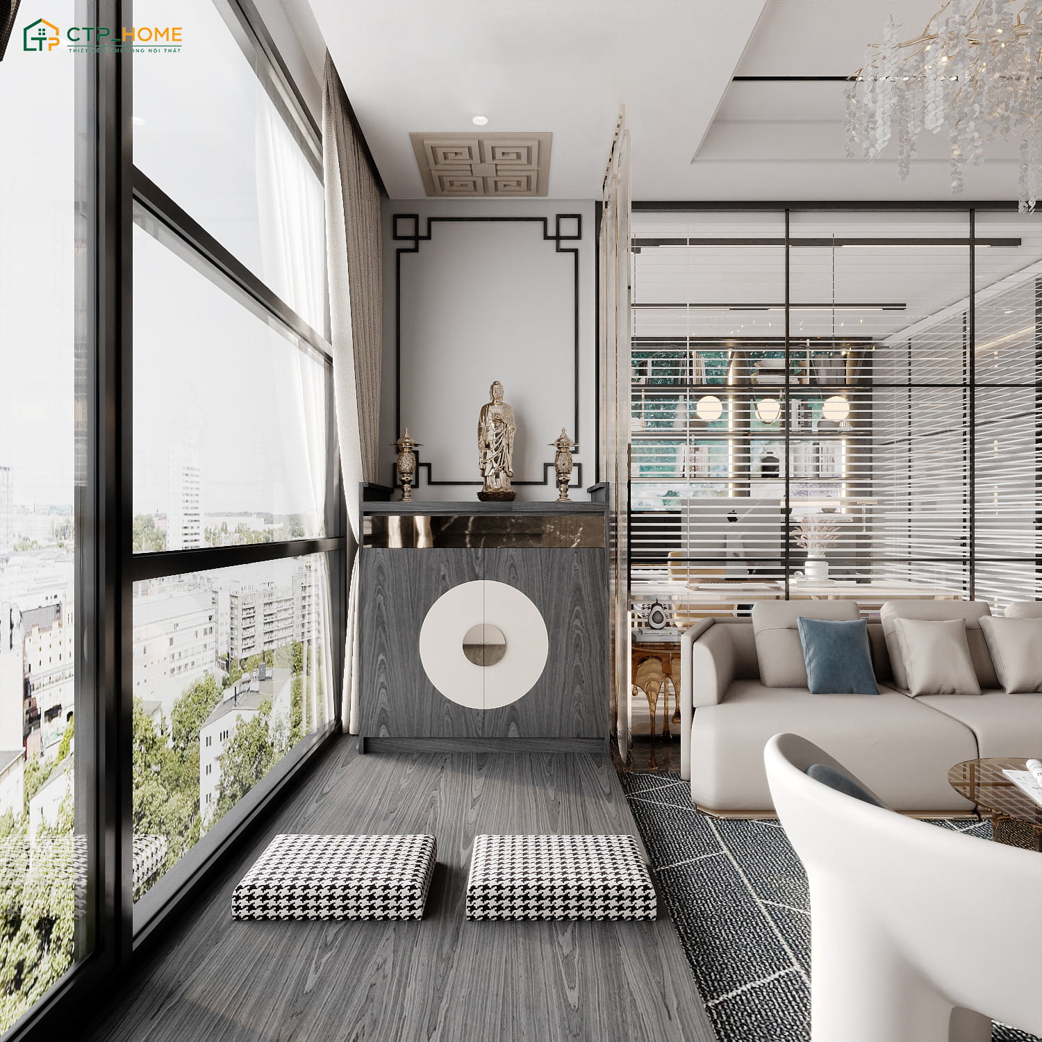 Sử dụng bàn thờ treo tường hoặc tủ thờ nhỏ có vách ngăn để ngăn cách với khu vực phòng khách