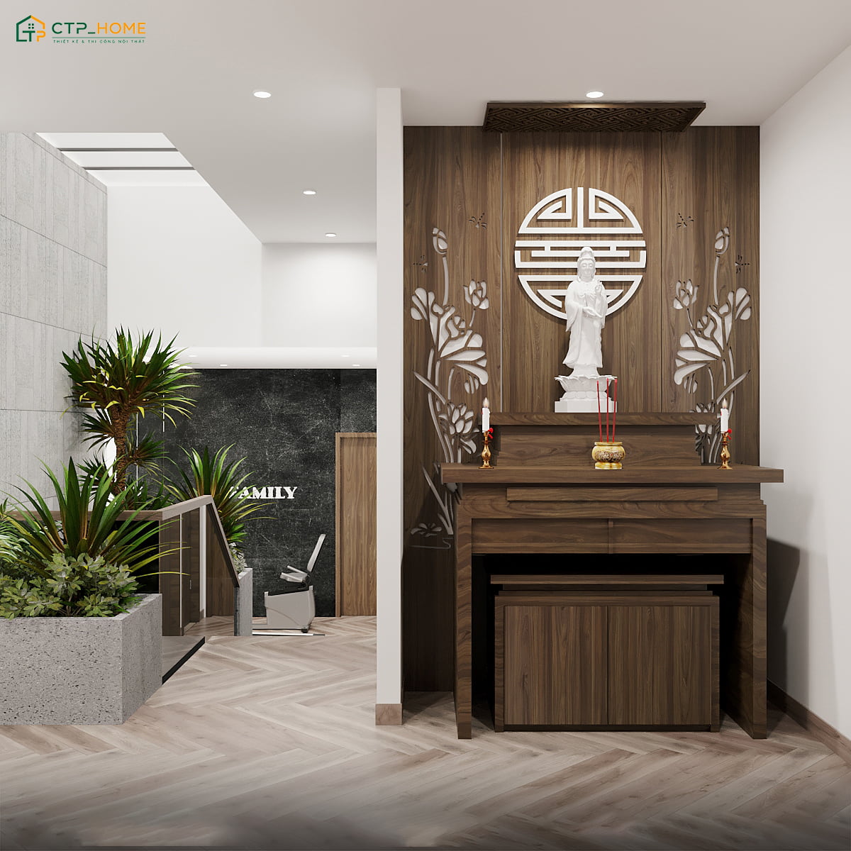 Bàn thờ được đặt đối diện với cửa sổ lớn để đón ánh sáng tự nhiên giúp không gian luôn thông thoáng