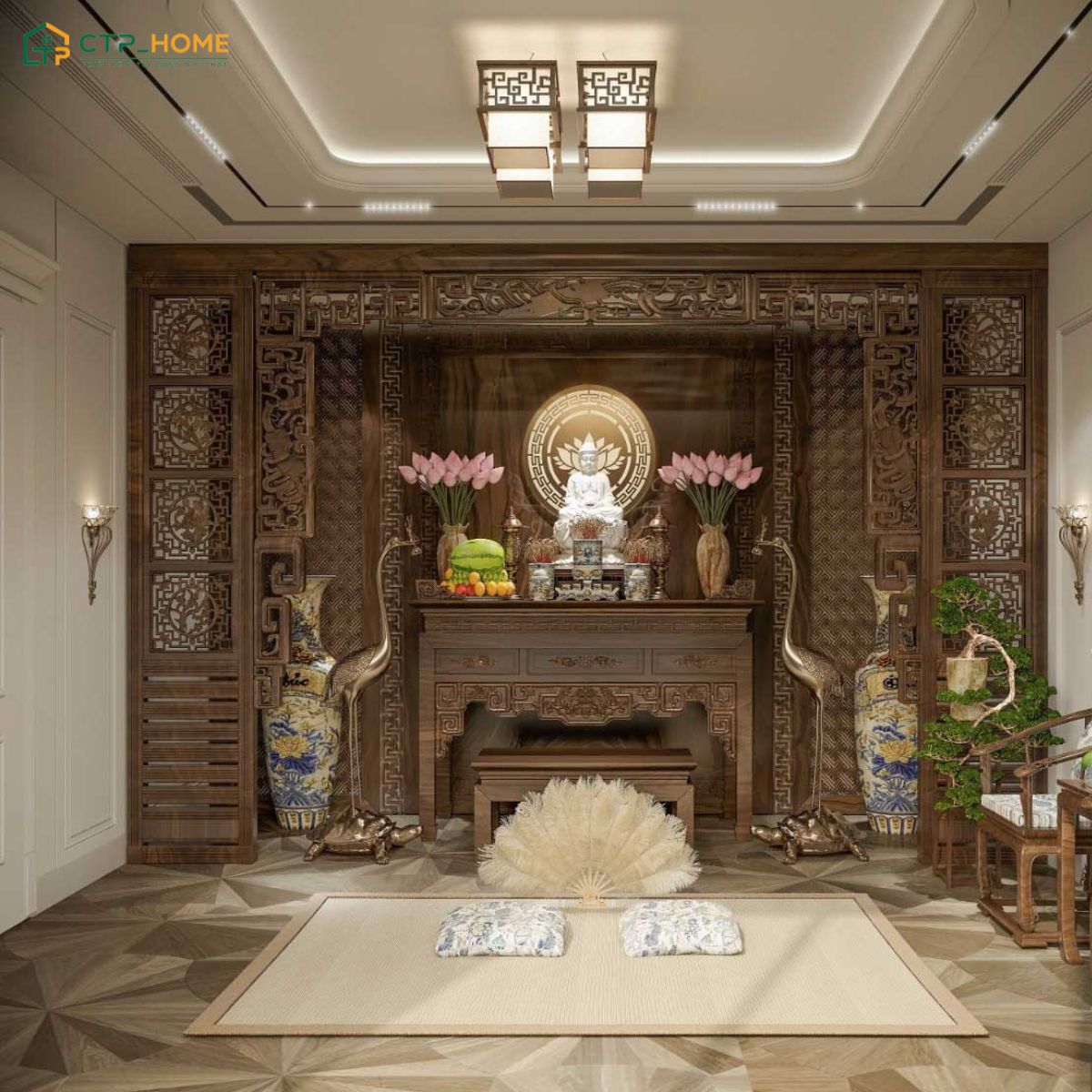 Mẫu thiết kế phòng thờ biệt thự với bàn thờ bằng gỗ tự nhiên giúp đem đến vẻ đẹp trang nghiêm và ấm cúng