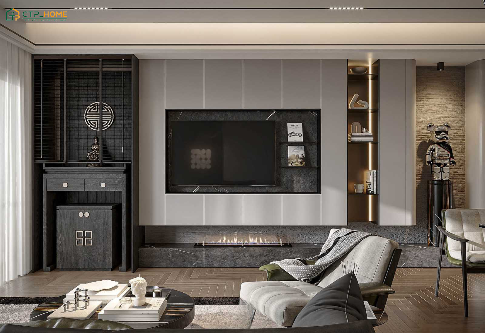 Để đảm bảo sự riêng tư cho khu vực thờ cúng thì gia chủ nên sử dụng vách ngăn gỗ hoặc kệ trang trí