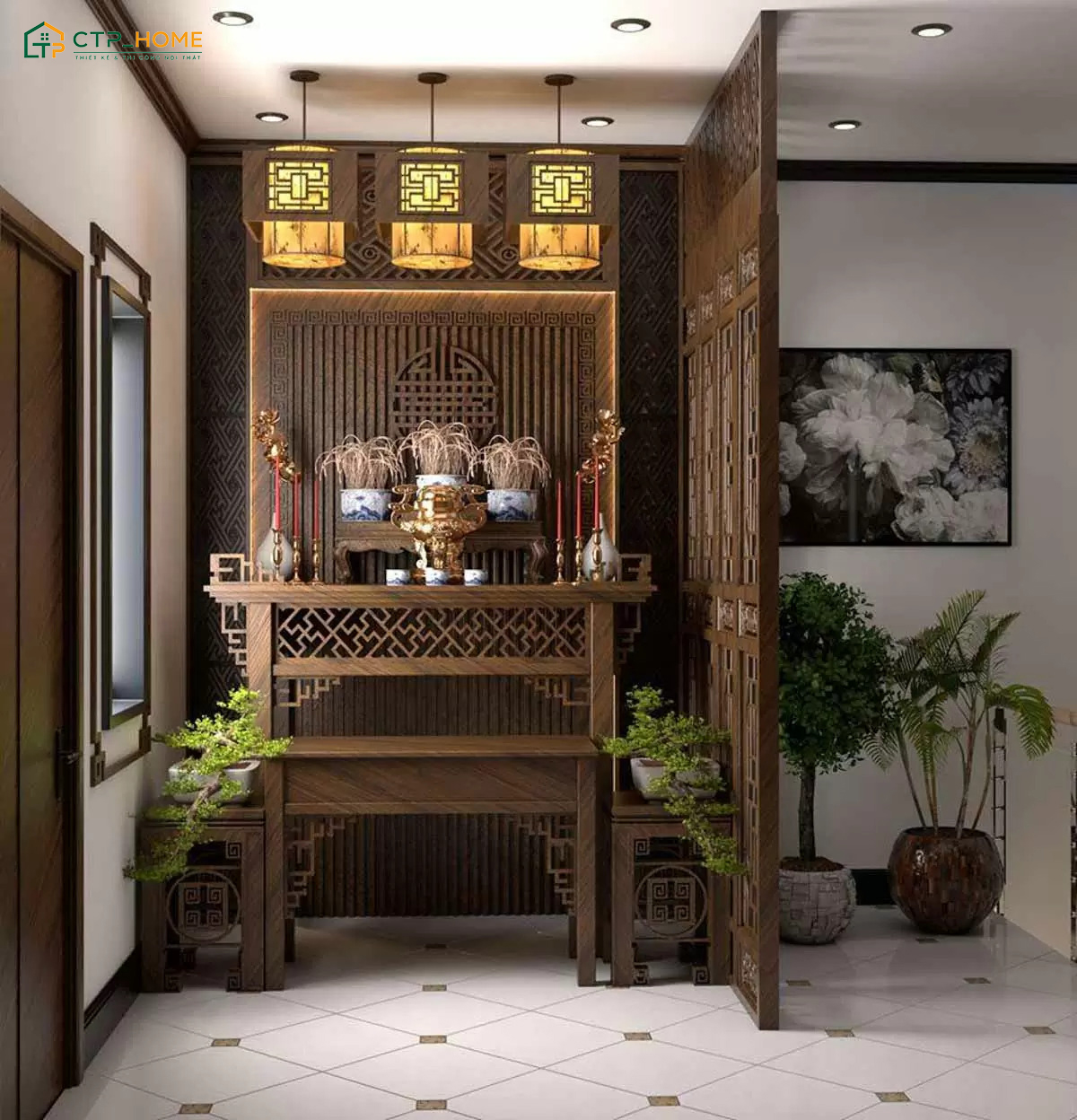 Nên sử dụng vách ngăn trang trí để đảm bảo sự riêng tư và yên tĩnh cho khu vực thờ cúng