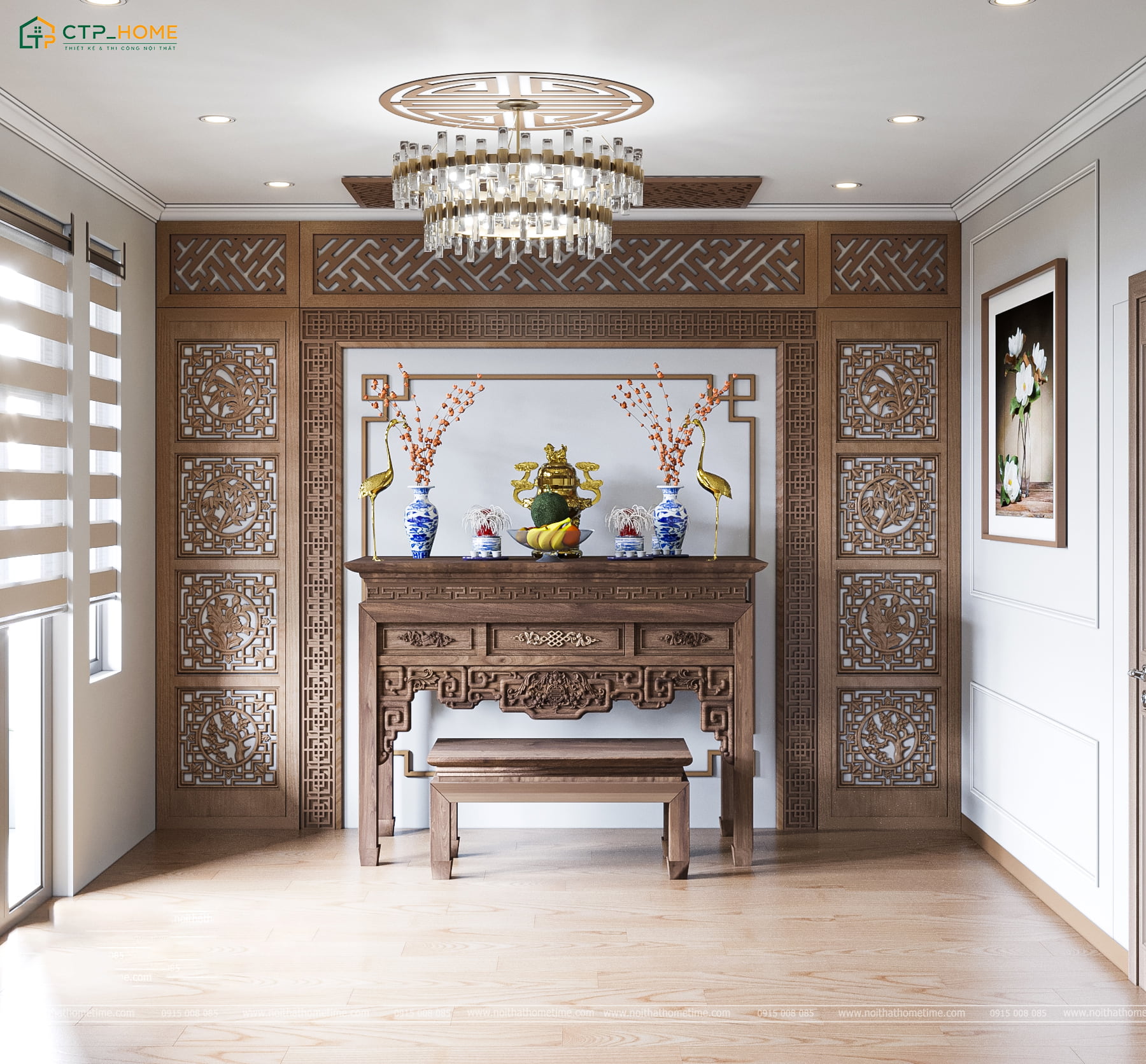 Khi thiết kế phòng thờ thì nên hạn chế đặt bàn thờ đối diện với cửa để tránh các luồng khí mạnh