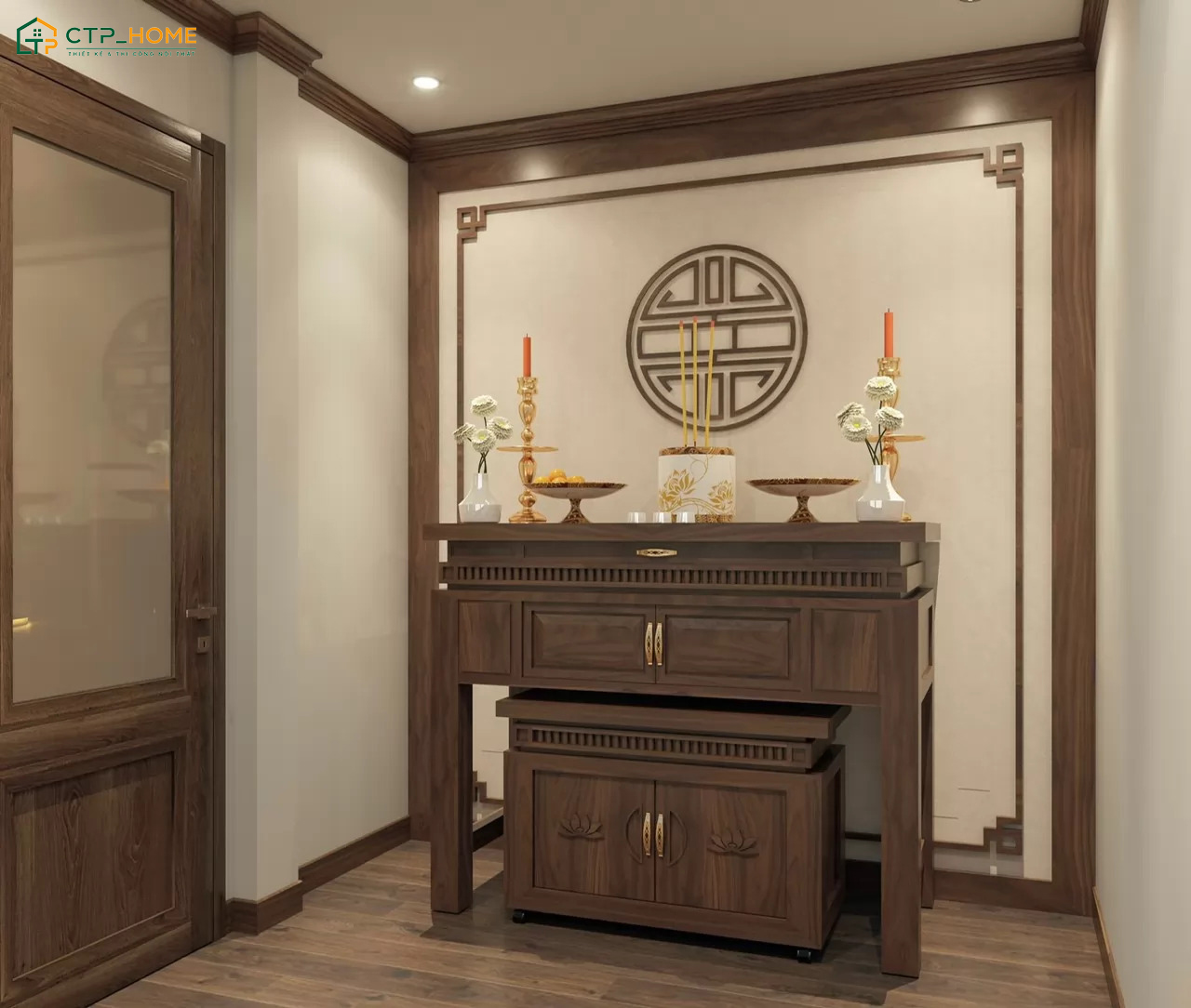 Thiết kế nội thất phòng thờ phong cách tối giản thường sẽ ưu tiên đường nét vuông vắn và nội thất tinh gọn