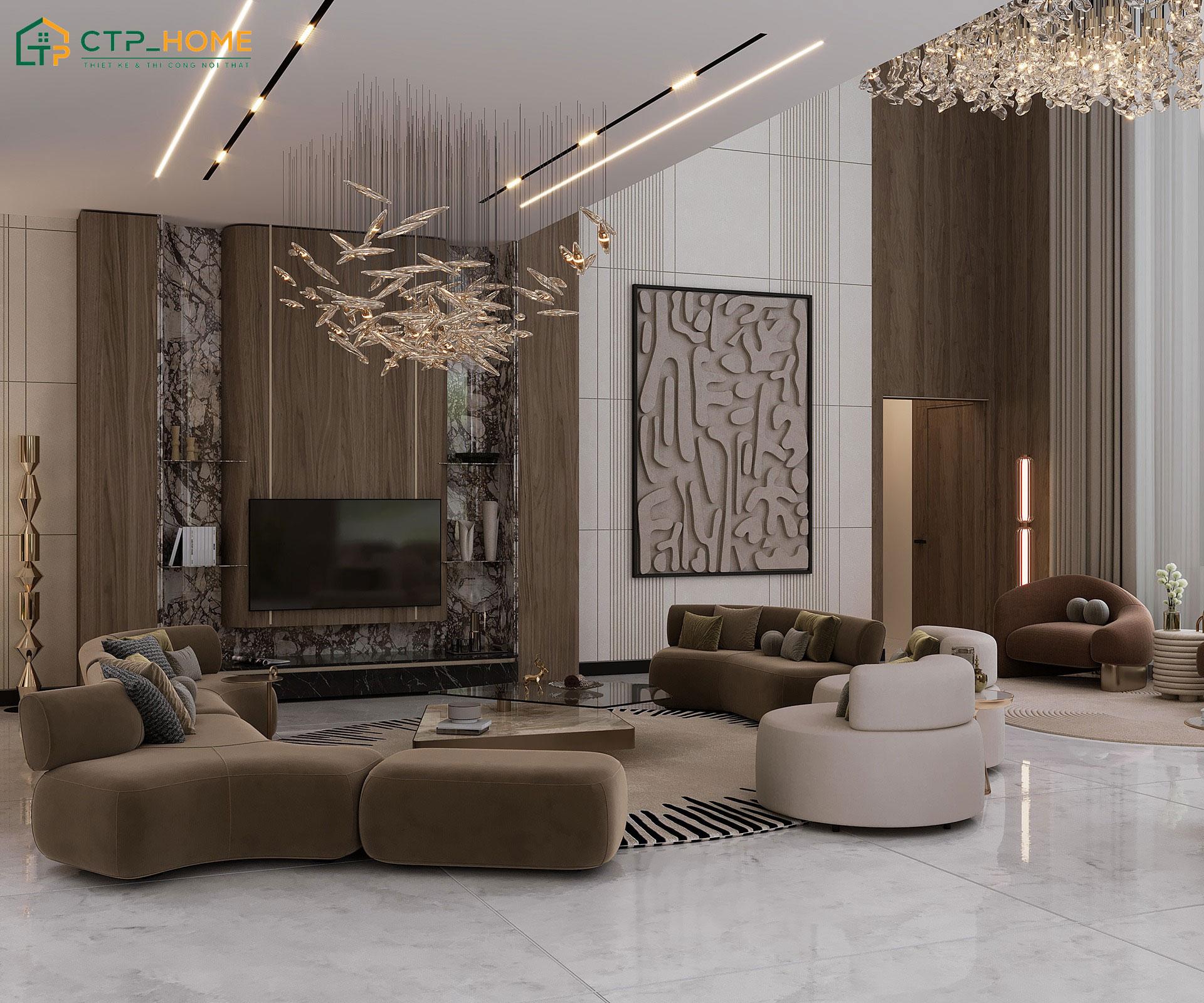 Mẫu trang trí phòng khách biệt thự phong cách hiện đại với hệ đèn chùm pha lê làm điểm nhấn