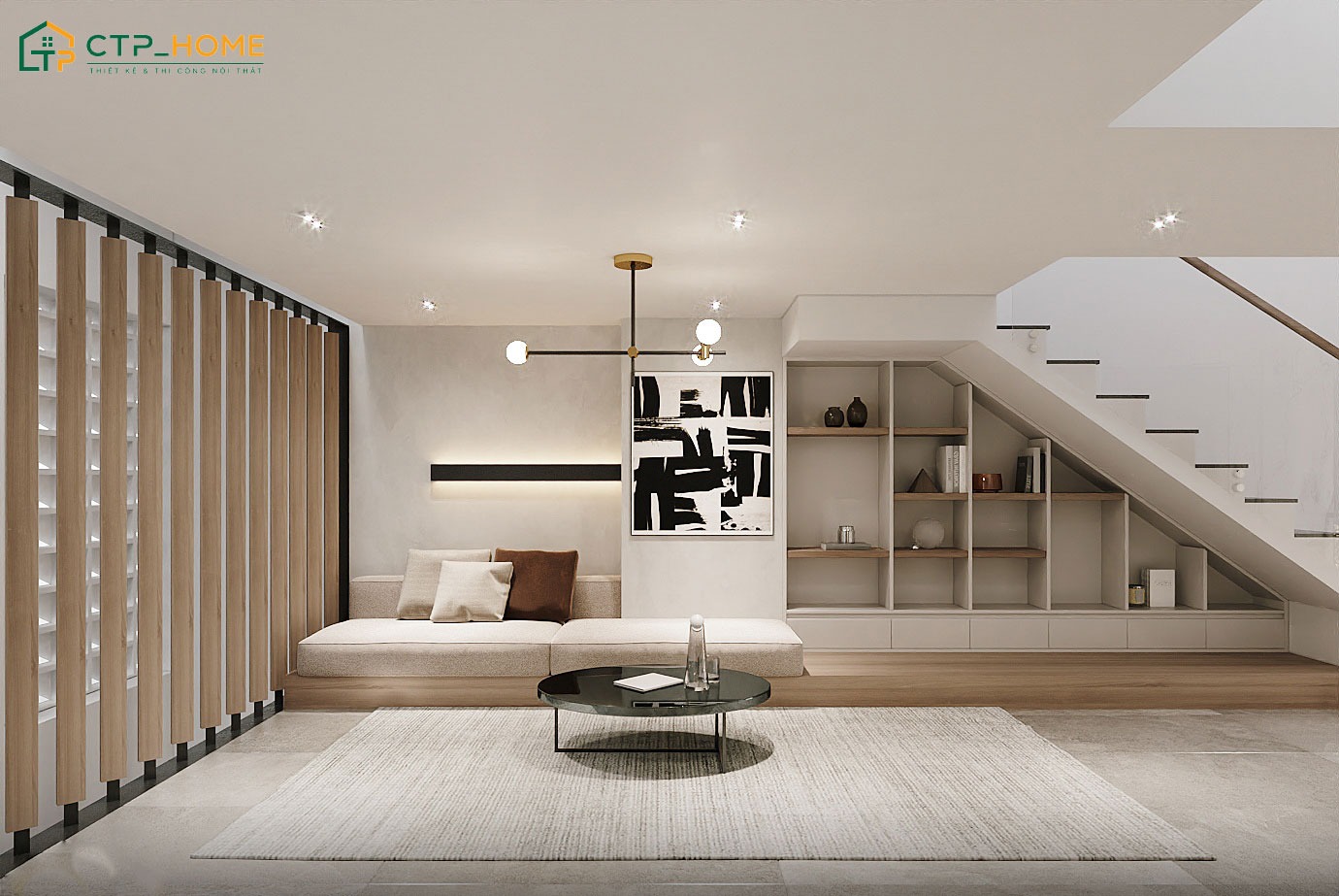 Mẫu phòng khách có cầu thang được thiết kế khéo léo để tối ưu diện tích mà vẫn đảm bảo tính thẩm mỹ