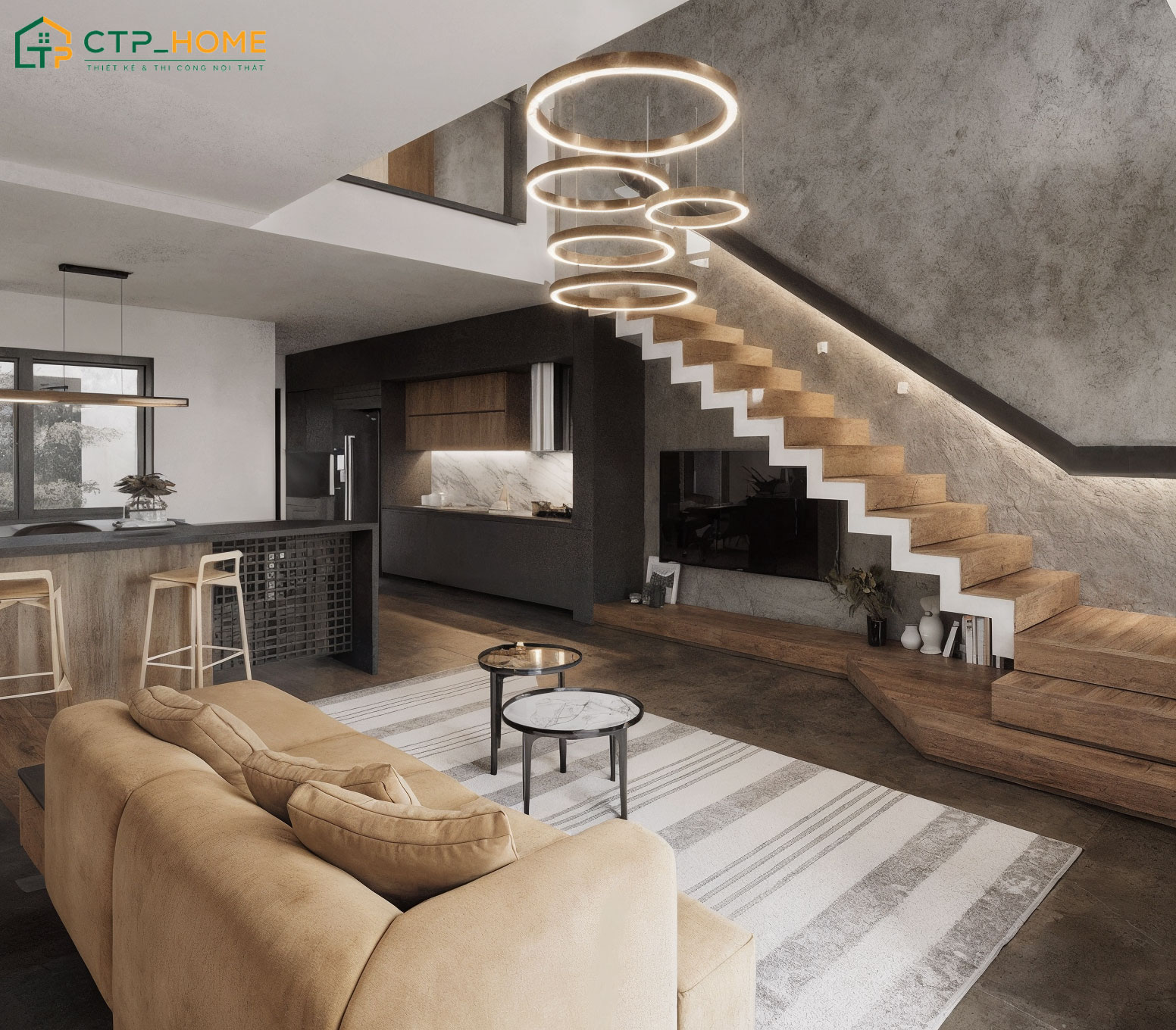 Mẫu trang trí phòng khách hiện đại với gầm cầu thang được dùng làm kệ tivi kết hợp kệ trang trí