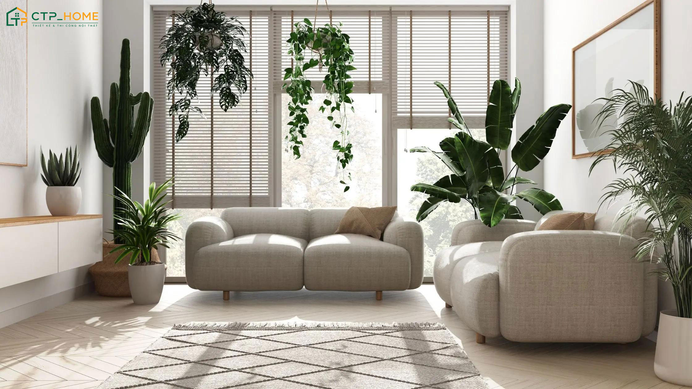Sử dụng cây xanh để trang trí nội thất phòng khách sẽ giúp cải thiện chất lượng không khí hiệu quả