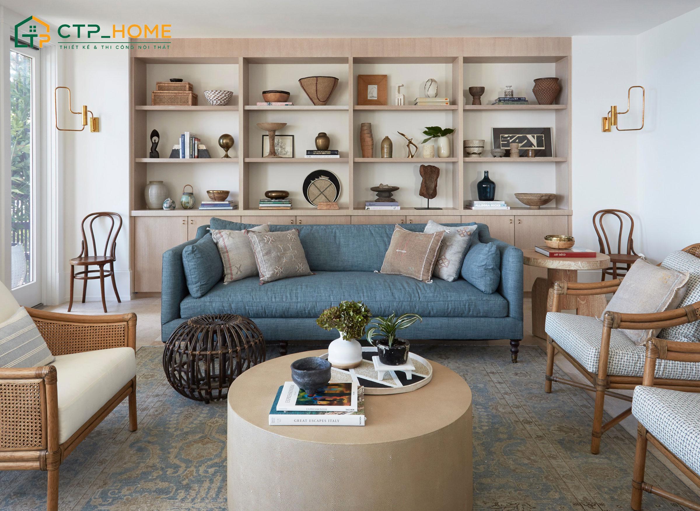 Bố trí tủ trang trí cho phòng khách vừa giúp gia tăng không gian lưu trữ vừa đảm bảo tính thẩm mỹ