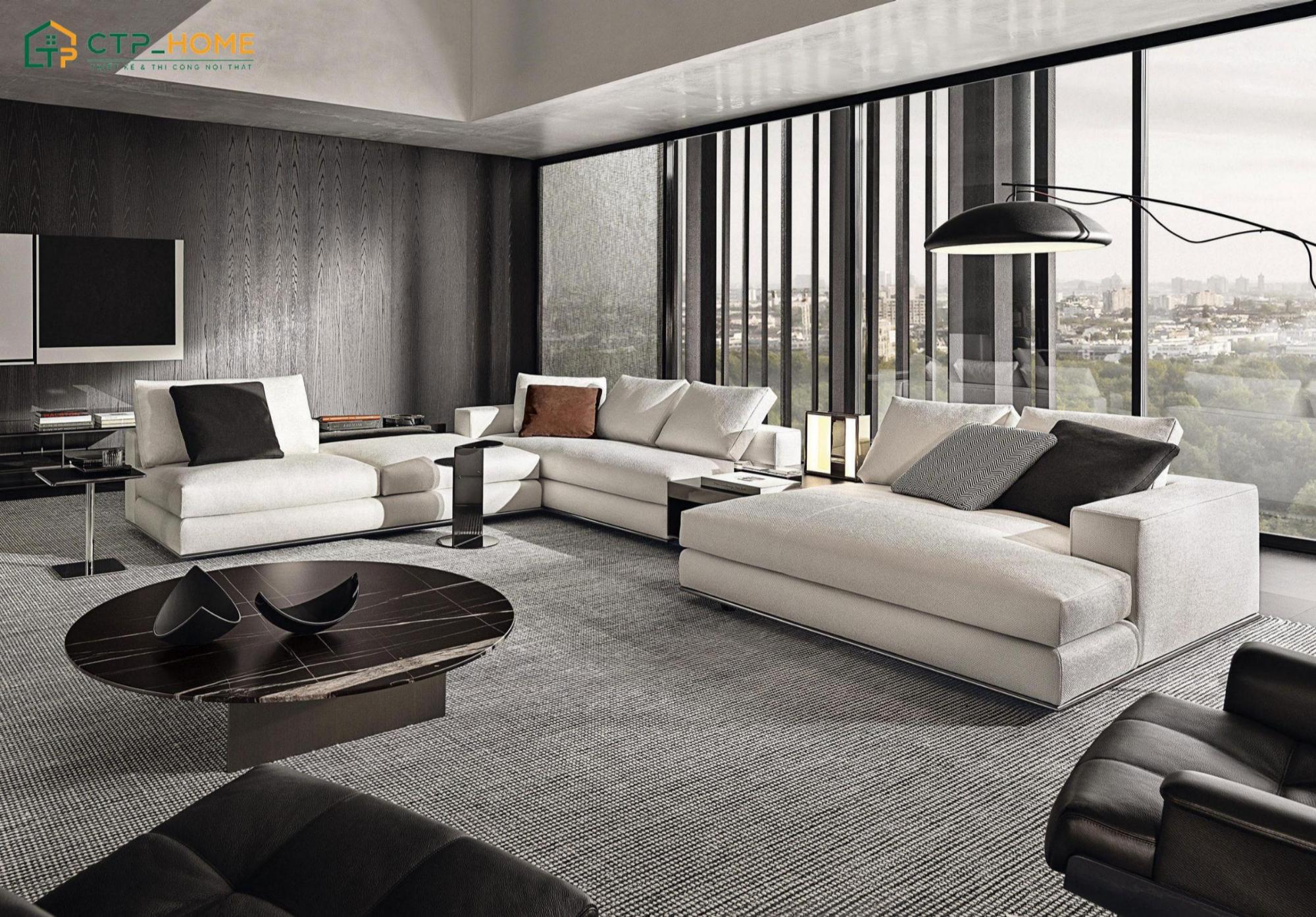 Sử dụng sofa cỡ lớn sẽ giúp tạo điểm nhấn nổi bật, đồng thời đáp ứng nhu cầu sinh hoạt của cả gia đình