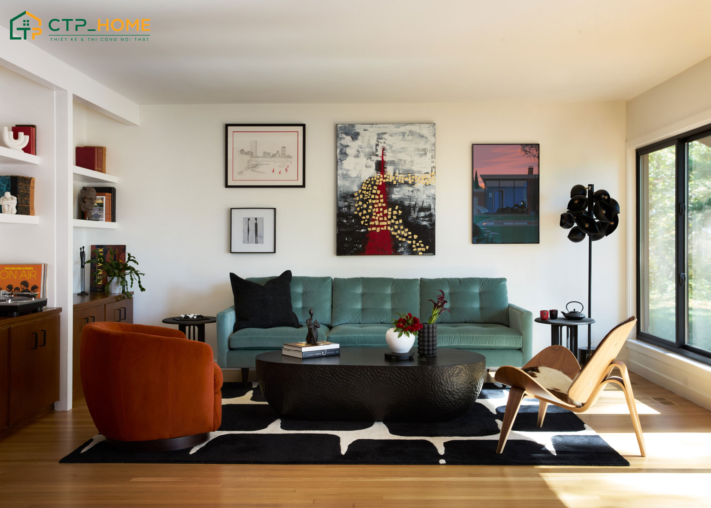 Mẫu decor trang trí phòng khách nhà cấp 4 với cách phối màu tương phản sáng tạo nhưng không gây rối mắt