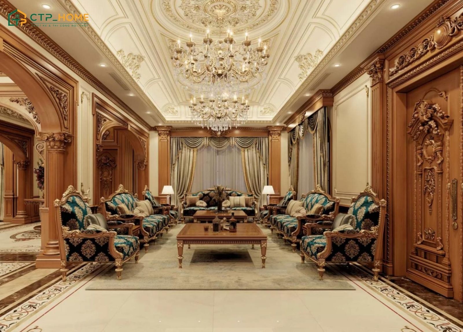 Trang trí phòng khách cổ điển Việt Nam với rèm cửa cao cấp giúp cân bằng ánh sáng và đảm bảo tính riêng tư