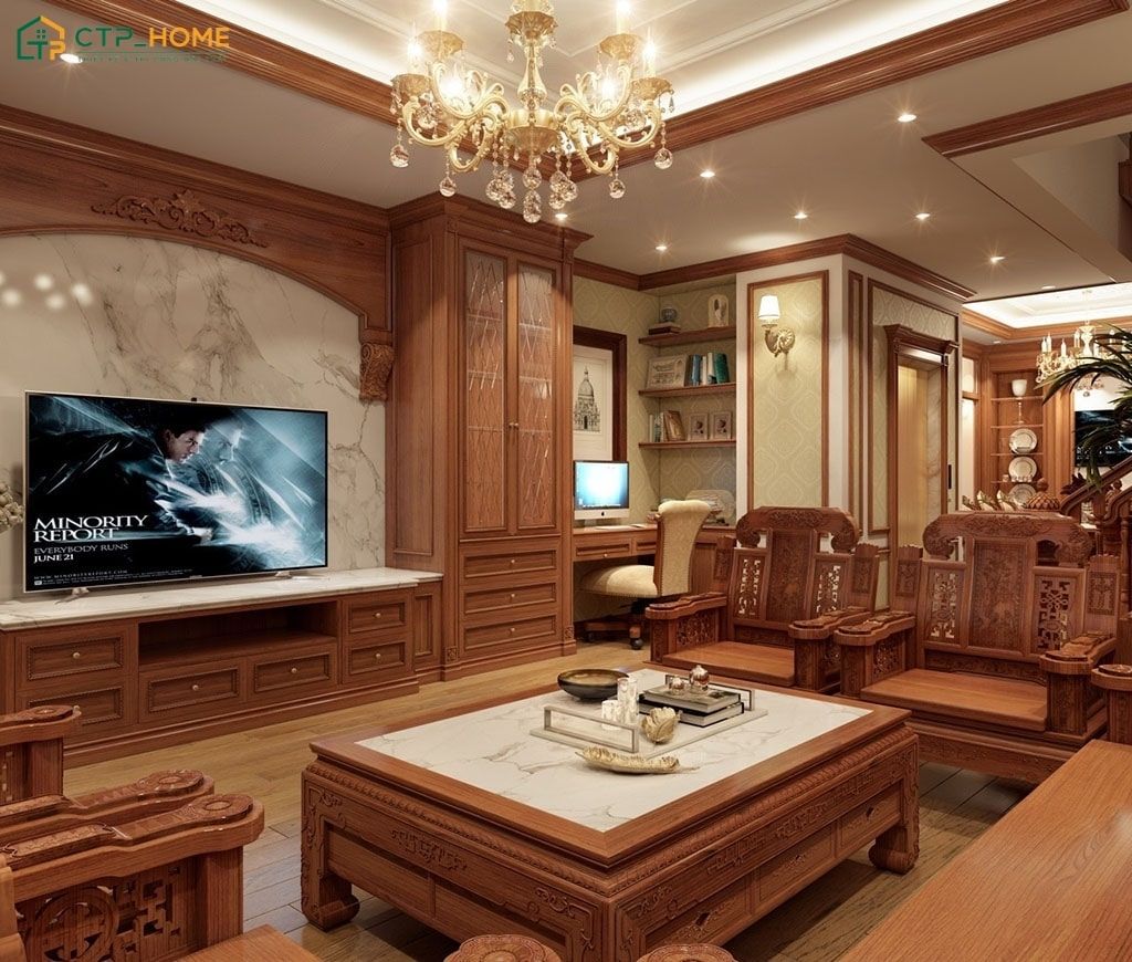Mẫu phòng khách cổ điển Việt Nam với nội thất gỗ tự nhiên mang đến vẻ đẹp sang trọng và ấm cúng