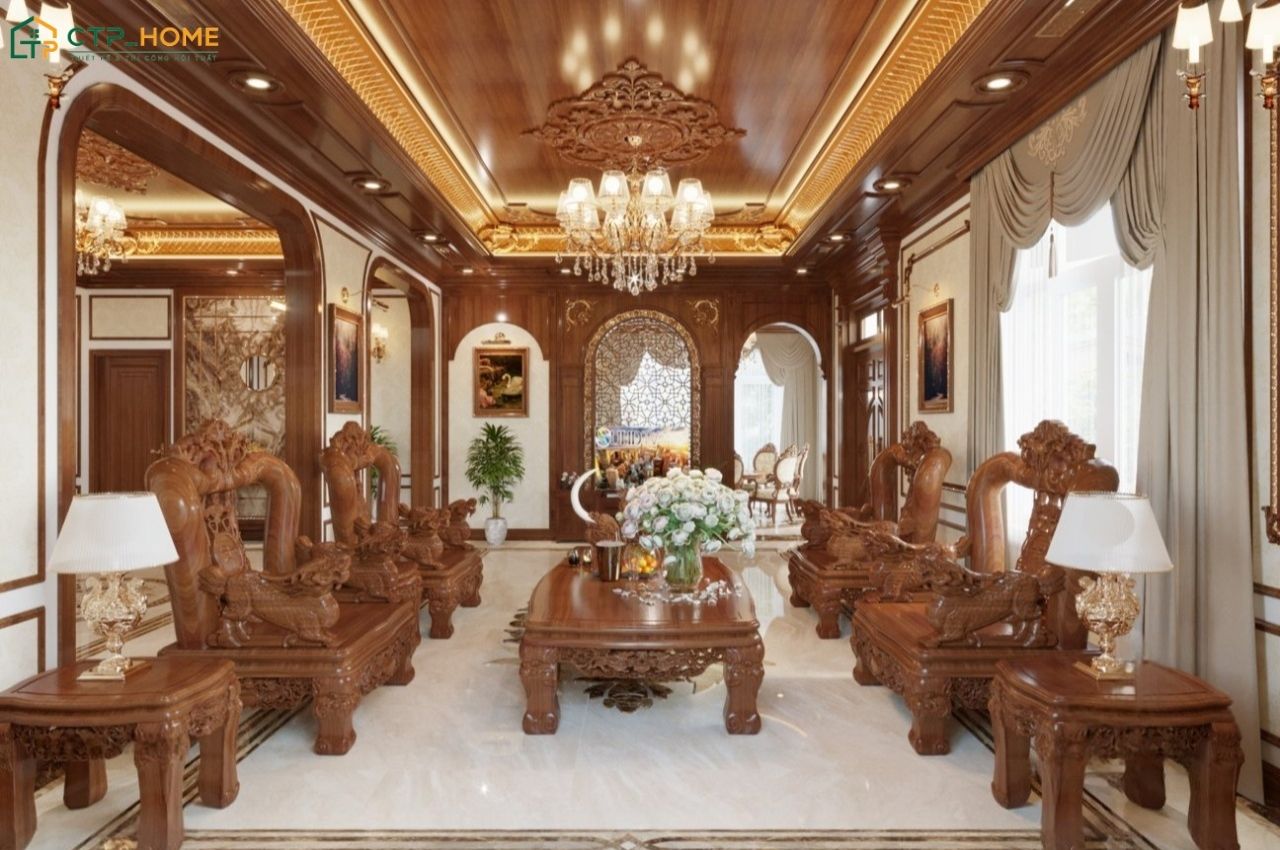 Mẫu phòng khách truyền thống Việt Nam kết hợp hoa văn chạm khắc tinh xảo giúp tôn lên vẻ đẹp tinh tế và cuốn hút