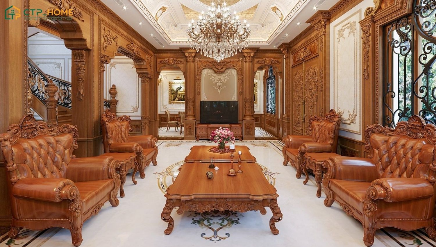 Bộ sofa bọc da cao cấp kết hợp nội thất tinh xảo giúp tạo nên một không gian tiếp khách sang trọng và đẳng cấp