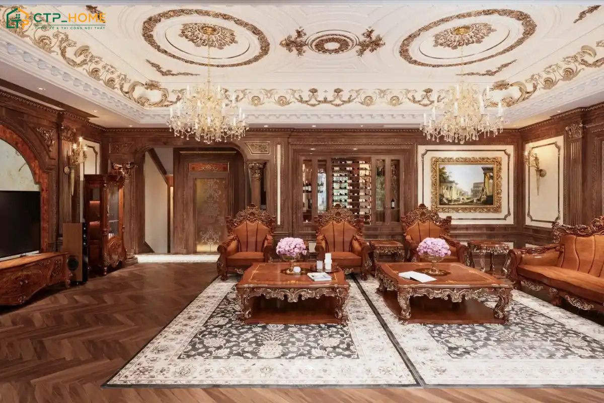 Điểm nhấn của không gian là bộ sofa gỗ tự nhiên, bàn trà và các chi tiết được chạm khắc thủ công tinh xảo